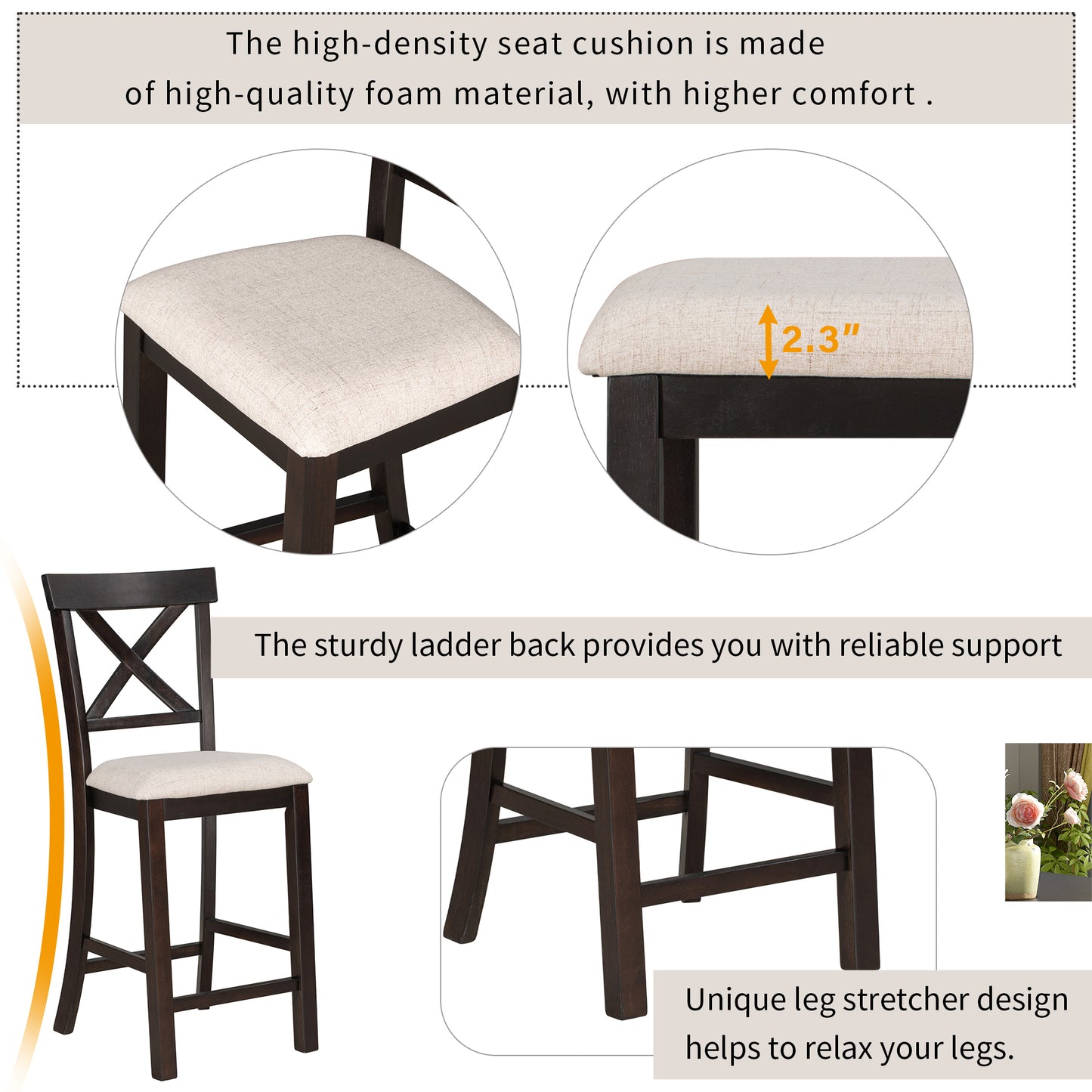 TREXM 6-Piece Counter Height Dining Table Set Table with Shelf 4 Chairs and Bench for Dining Room (Espresso)