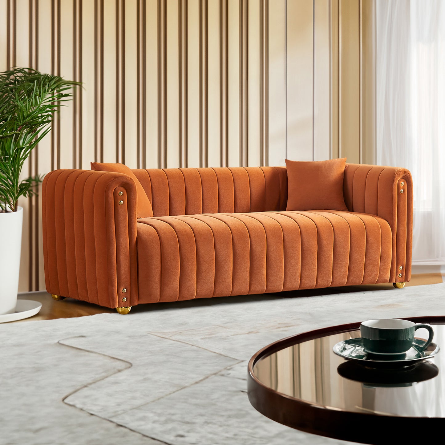 Comfortable 79.92 Orange Velvet Sofa with Vertical Channel Tufting