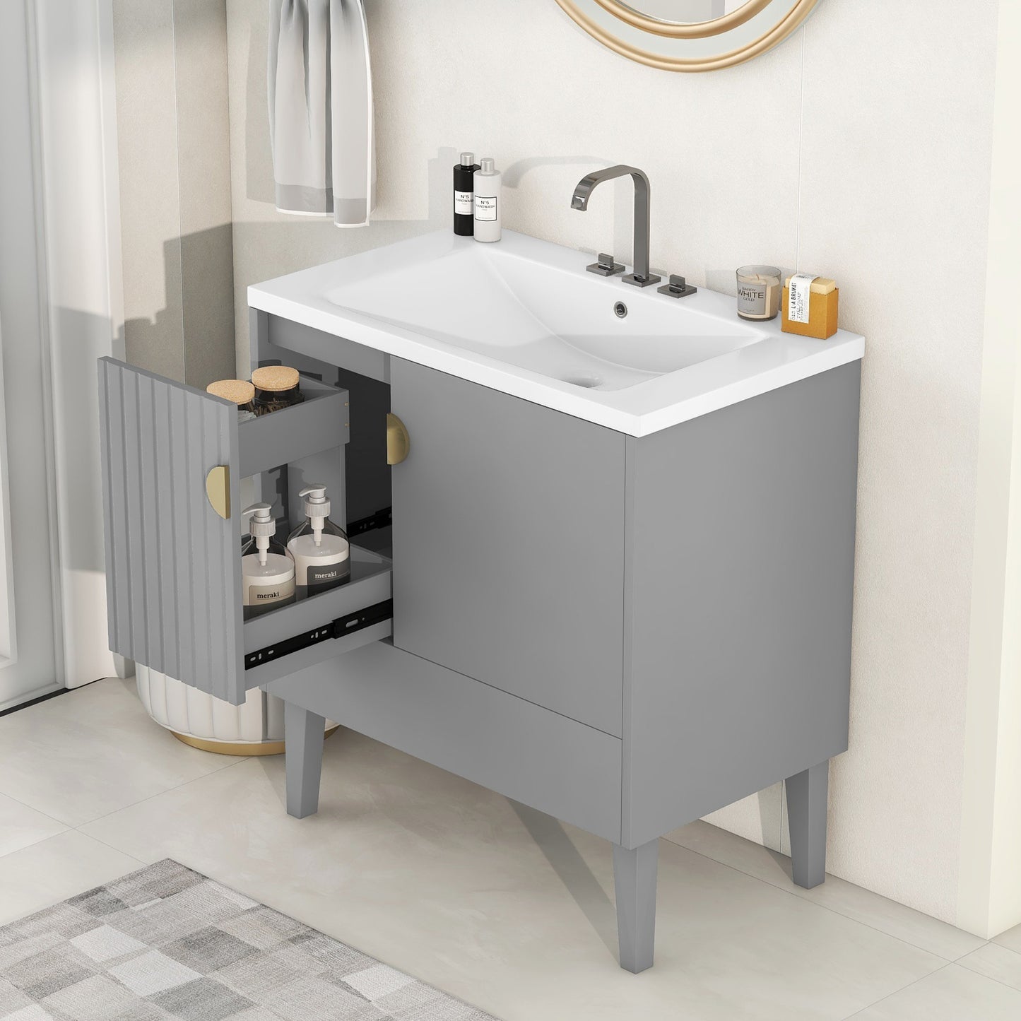 30" Bathroom Vanity with Sink Combo, Bathroom Cabinet with Door and Drawers, Solid Frame and MDF Board, Grey