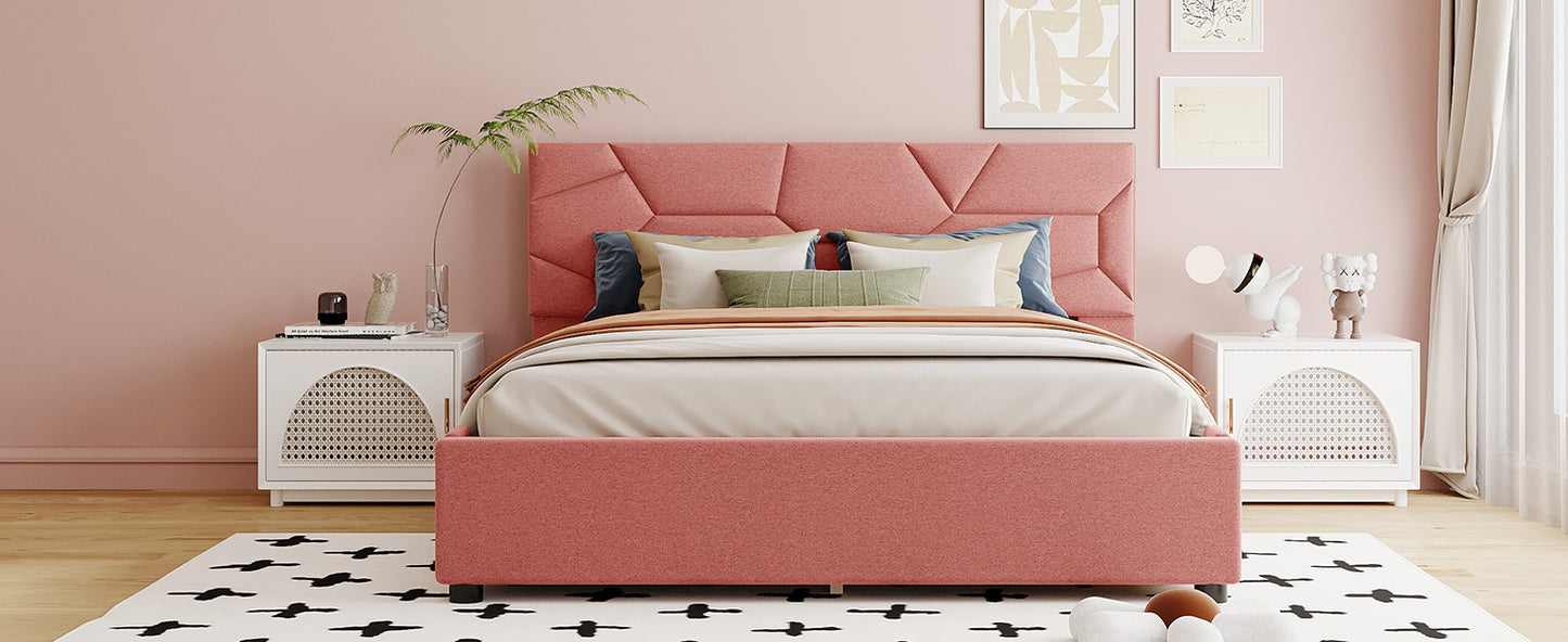 Queen Size Upholstered Platform Bed with Brick Pattern Headboard and 4 Drawers, Linen Fabric, Pink