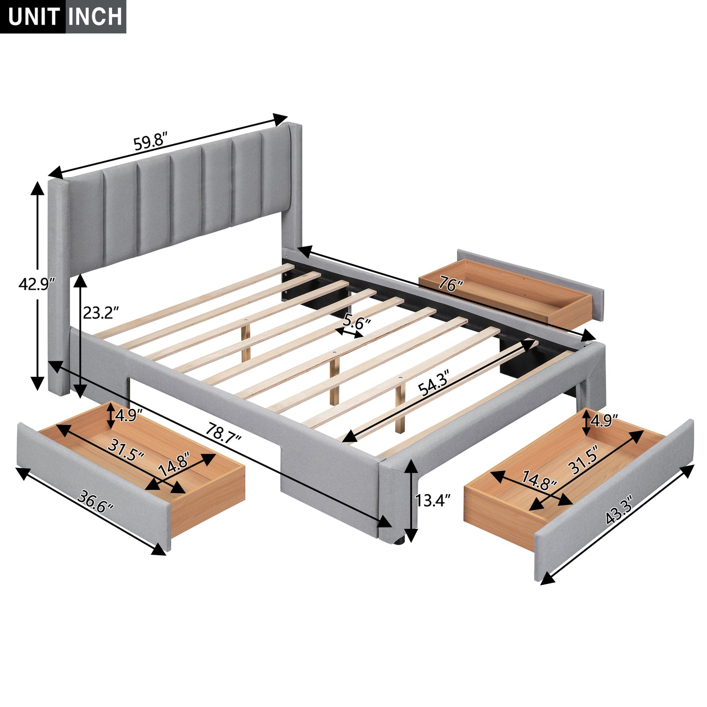 Full Size Upholstered Platform Bed with One Large Drawer in the Footboard and Drawer on Each Side,Gray