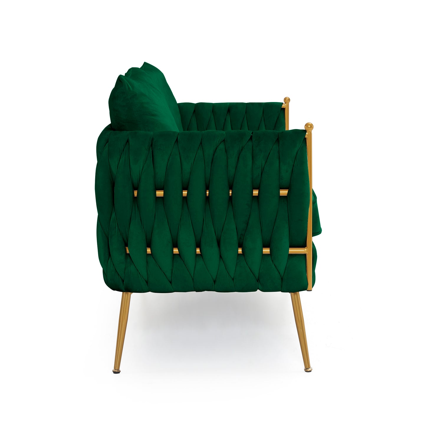 Handwoven Green Velvet Loveseat Set with Golden Metal Legs