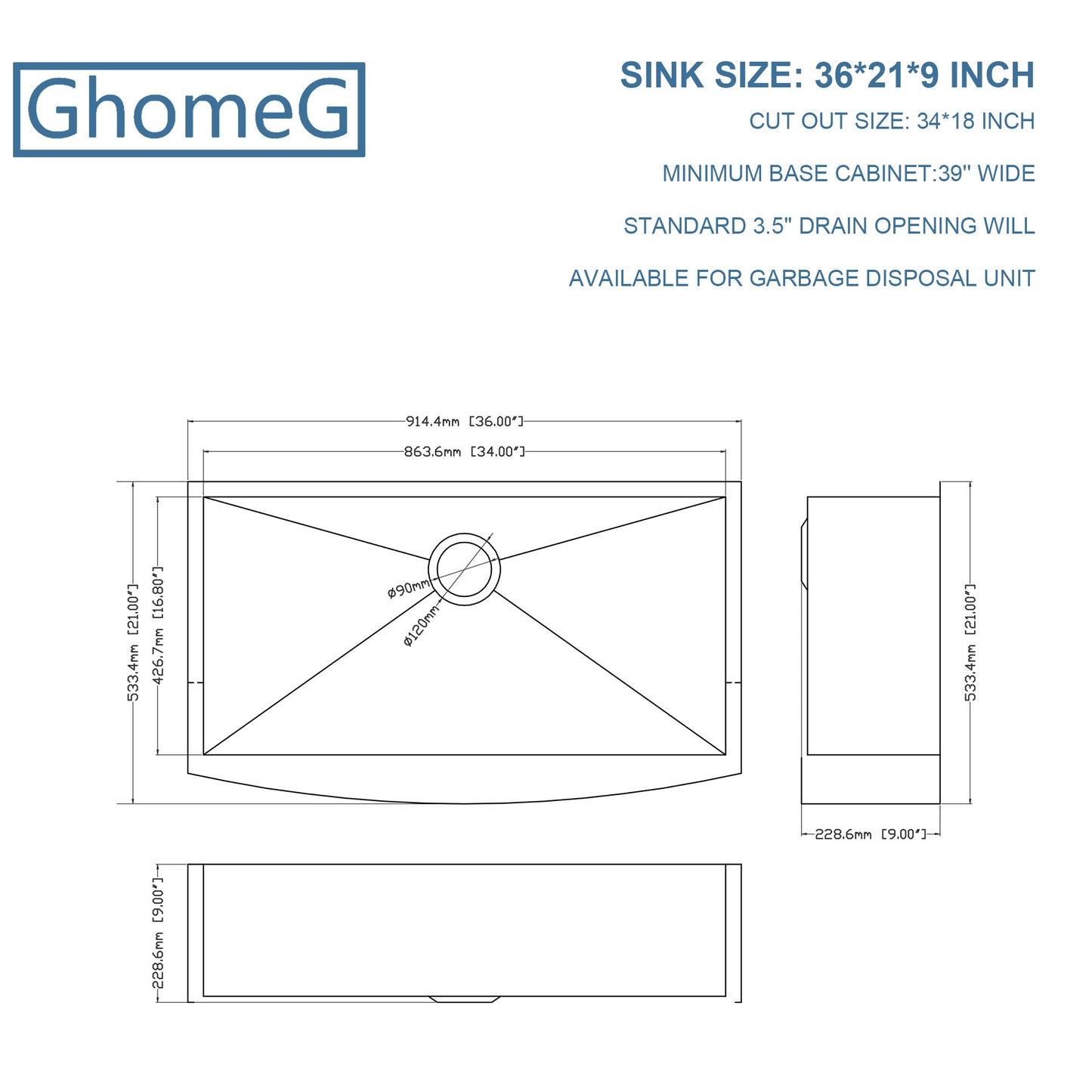 Gunmetal Black Stainless Steel Farmhouse Kitchen Sink 36x21 Single Bowl 18 Gauge Apron-front