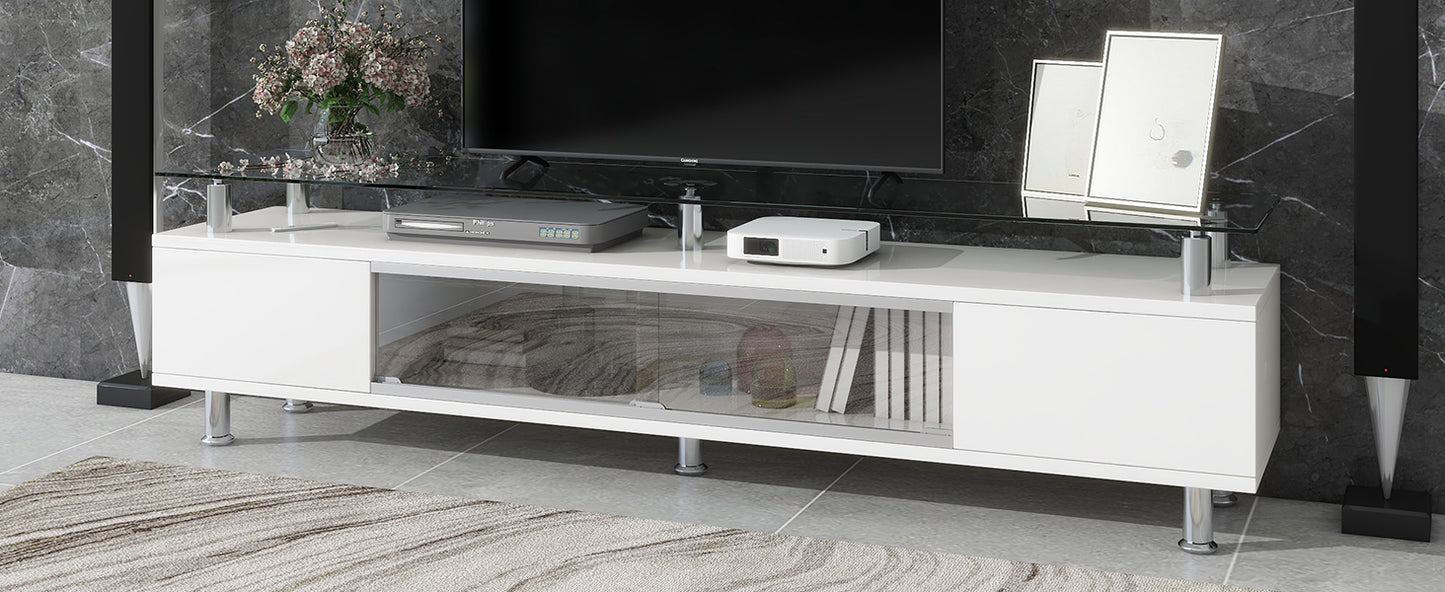 Contemporary White Media Console with Sleek Glass Design and Spacious Storage