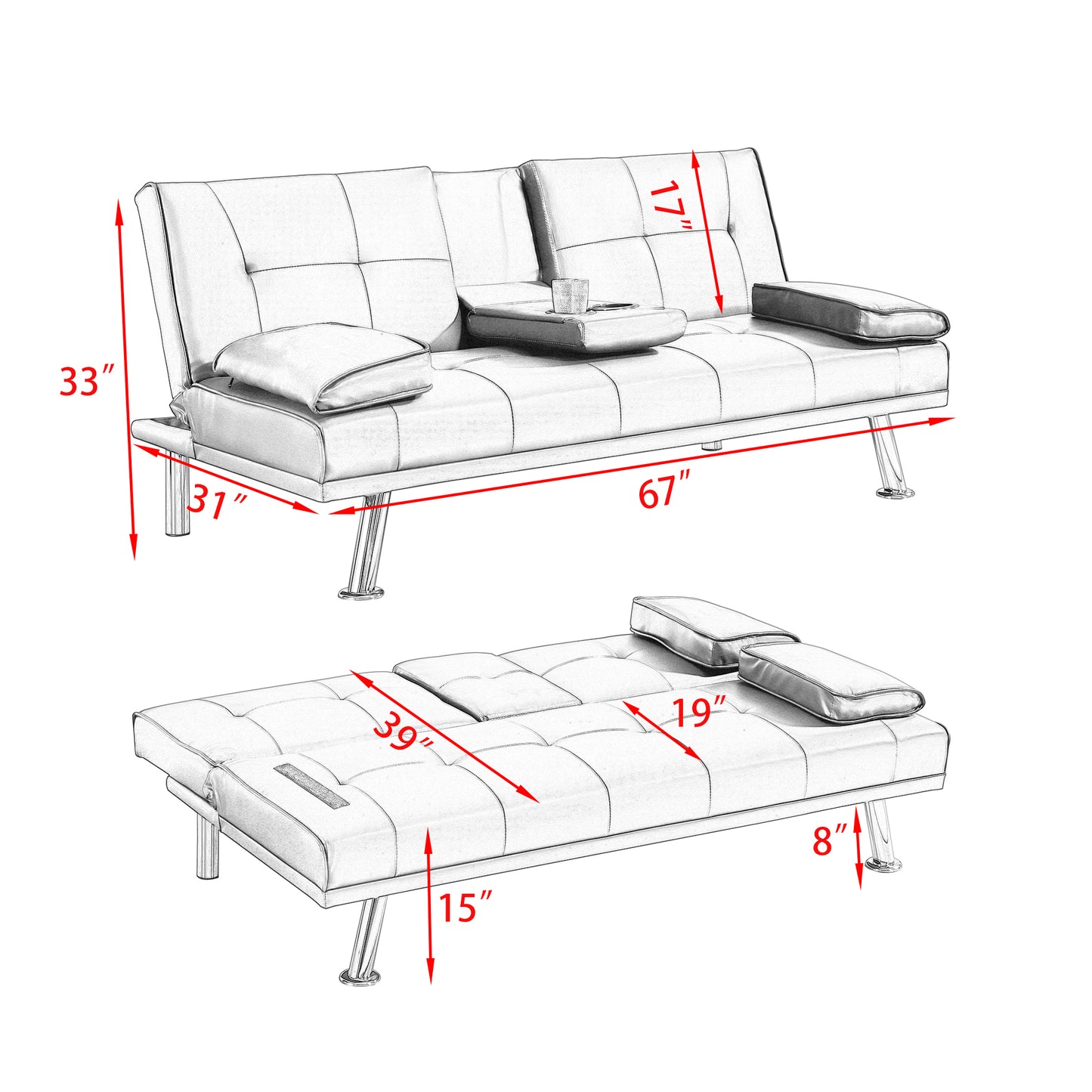 67 Orange Leather Multifunctional Double Folding Sofa Bed for Office with Coffee Table