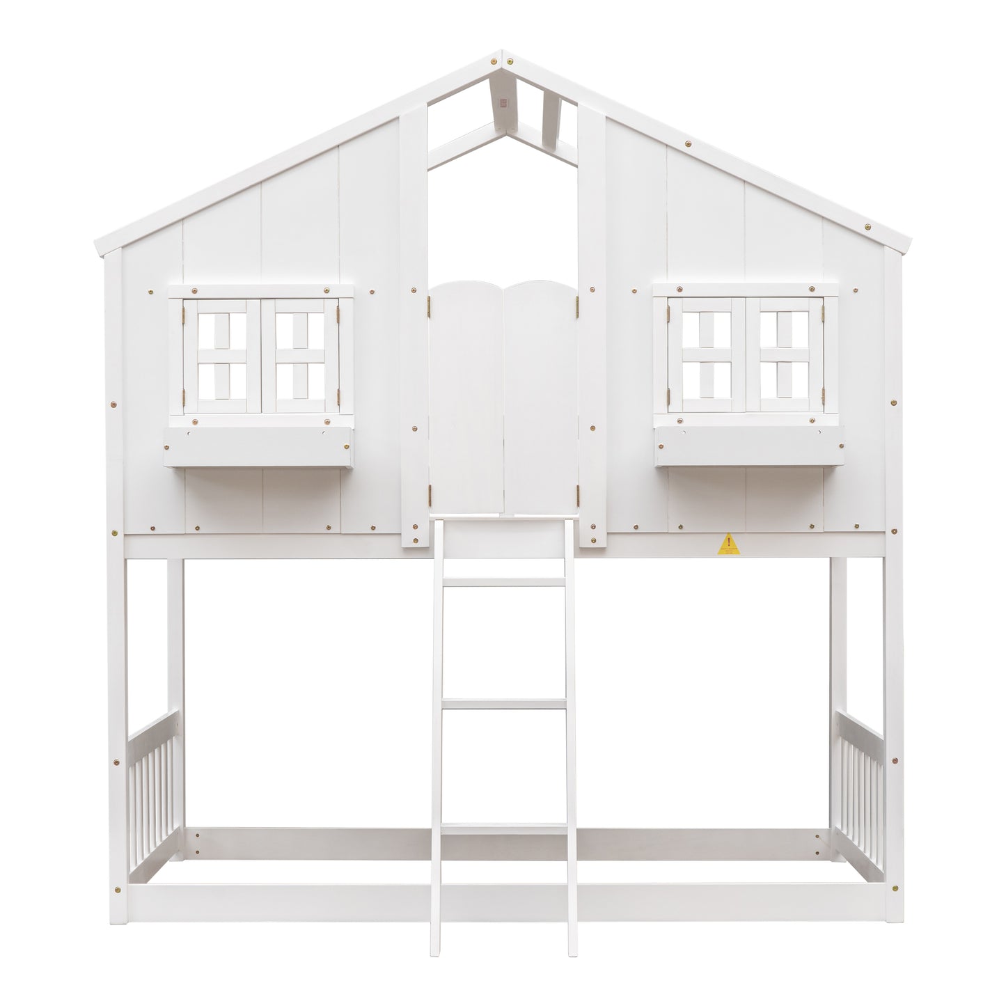 Cabin Inspired Kids' White Bunk Bed with Roof, Window, and Door