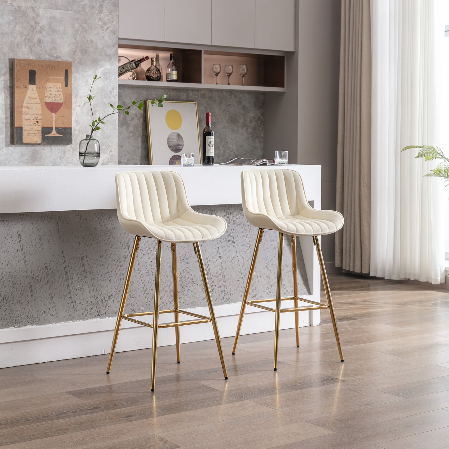 30 inch Set of 2 Bar Stools,with Chrome Footrest Velvet Fabric Counter Stool Golden Leg Simple High Bar Stool,CREAM