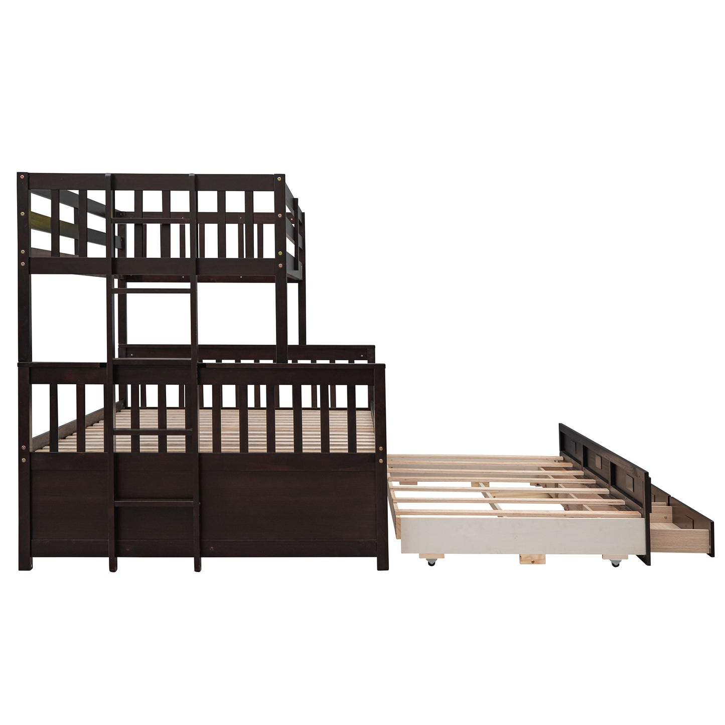 Rustic Three-Bedroom Bunk Bed with Trundle and Drawers - Espresso