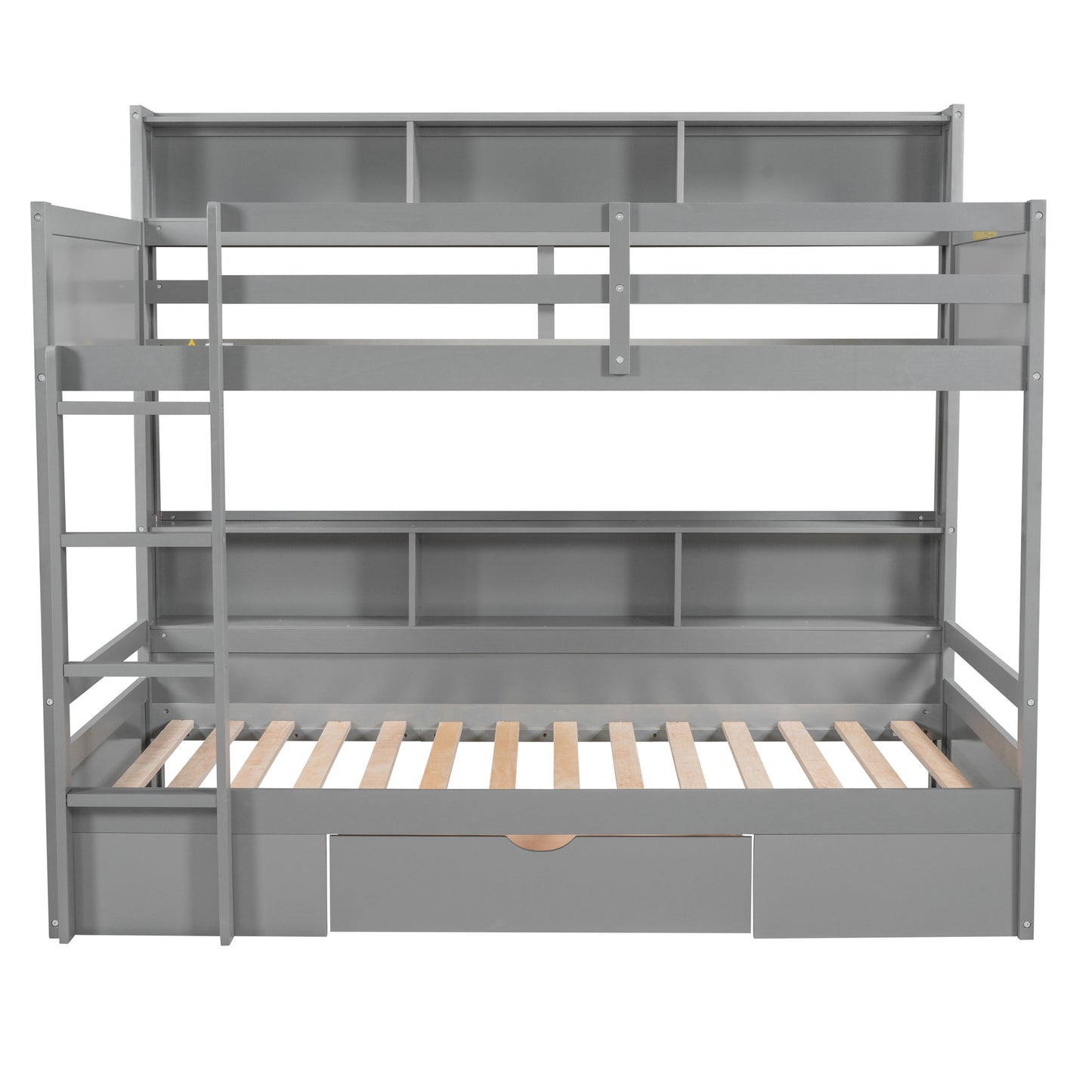 Twin Size Gray Bunk Bed with Storage Drawer and Built-in Shelves