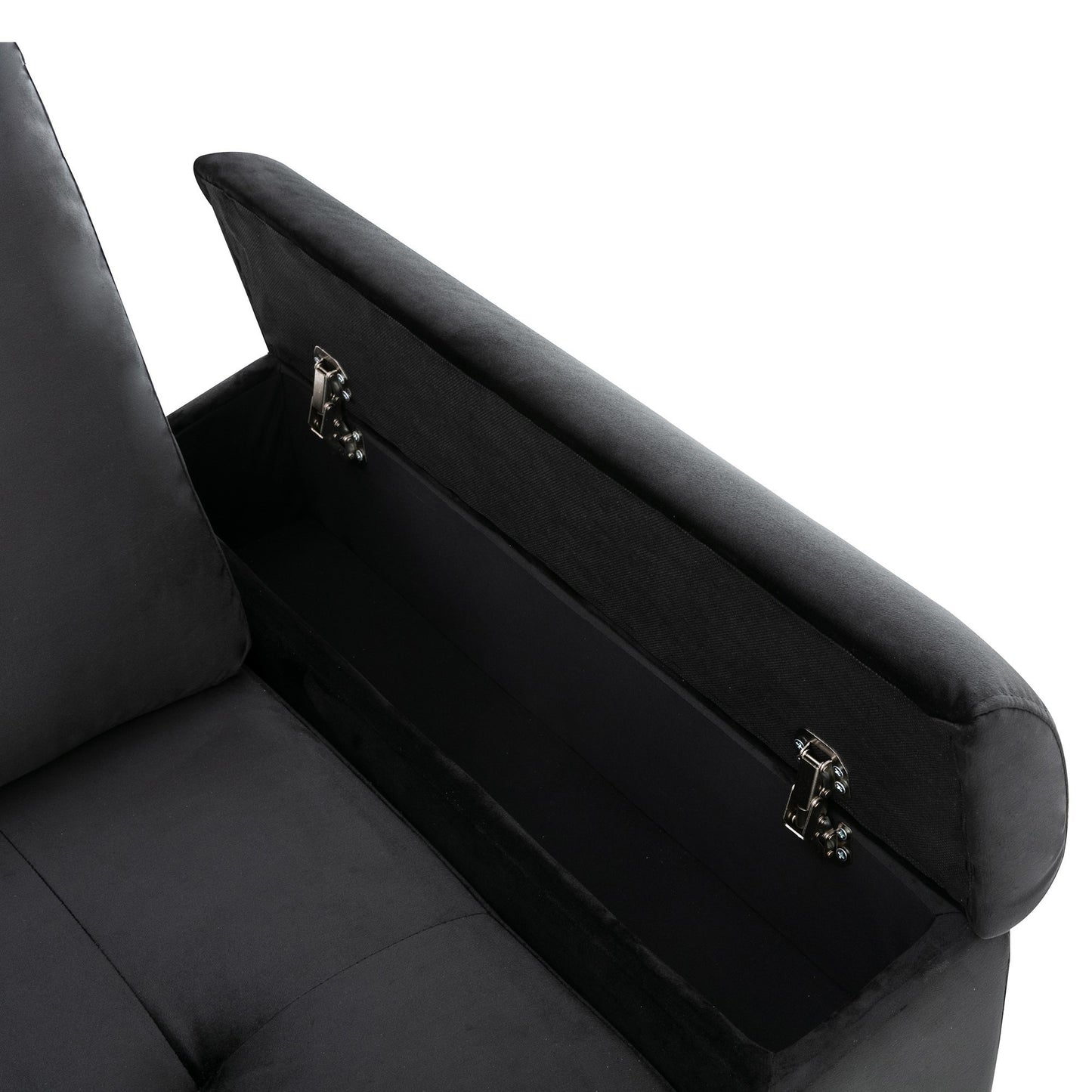 L-Shaped Sleeper Sectional Sofa with Storage Ottoman, USB Charge, and Hidden Arm Storage in Black Velvet