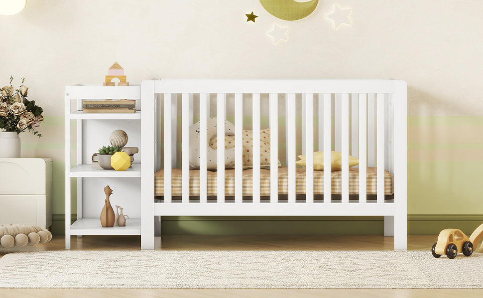 Convertible Crib/Full Size Bed with Changing Table, White