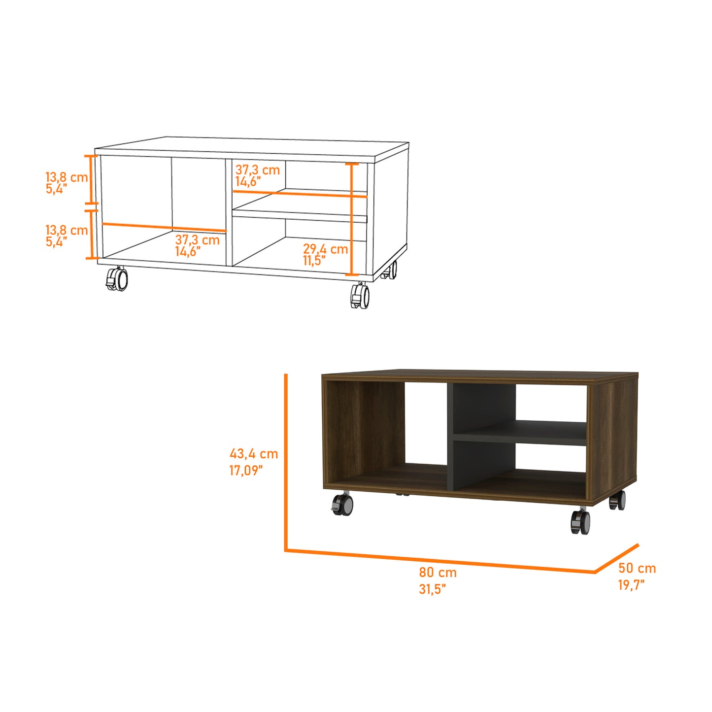 Walnut and Black 3-Shelf Rectangle Coffee Table with Casters