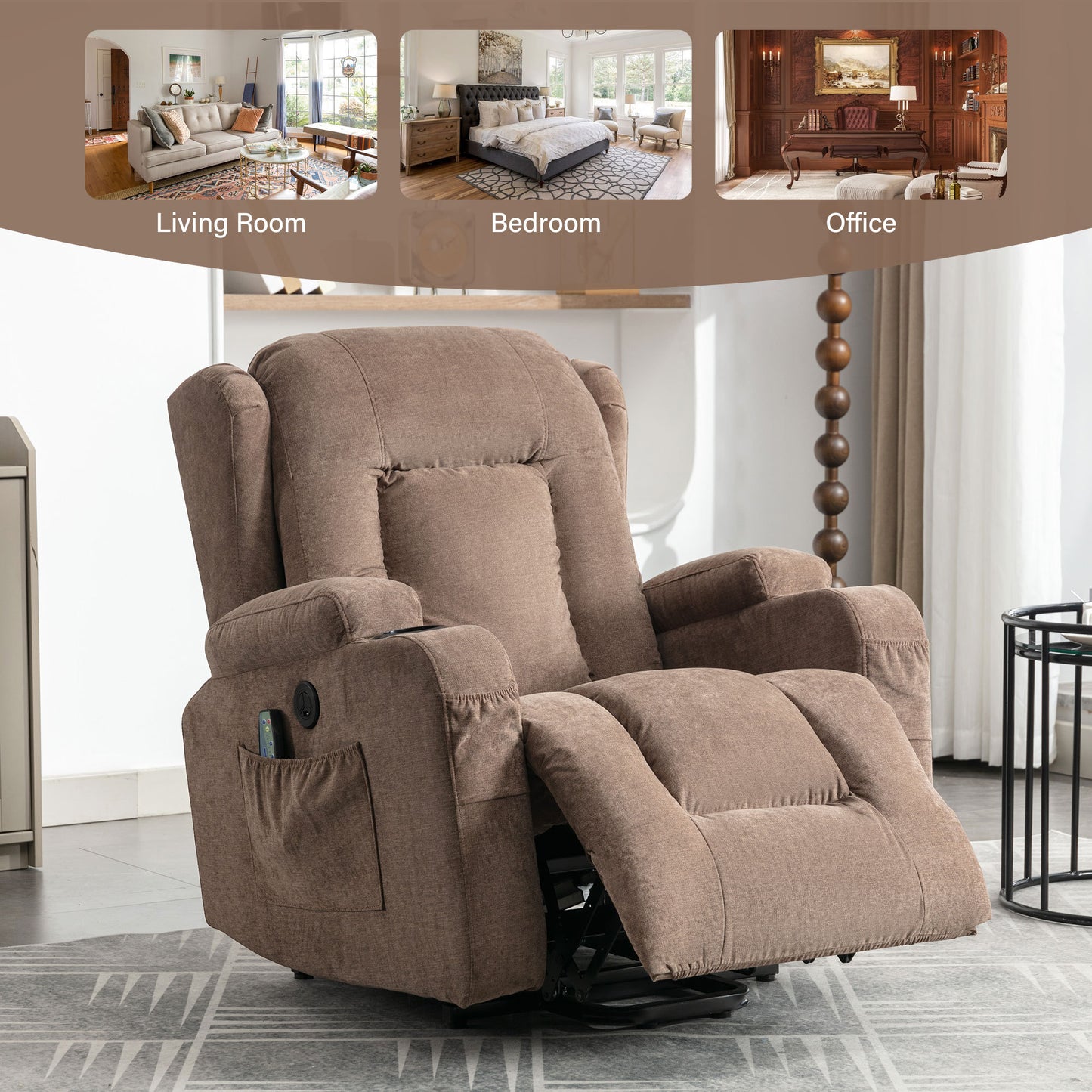 Electric Power Lift Recliner Chair with Heat and Massage for Seniors - Brown