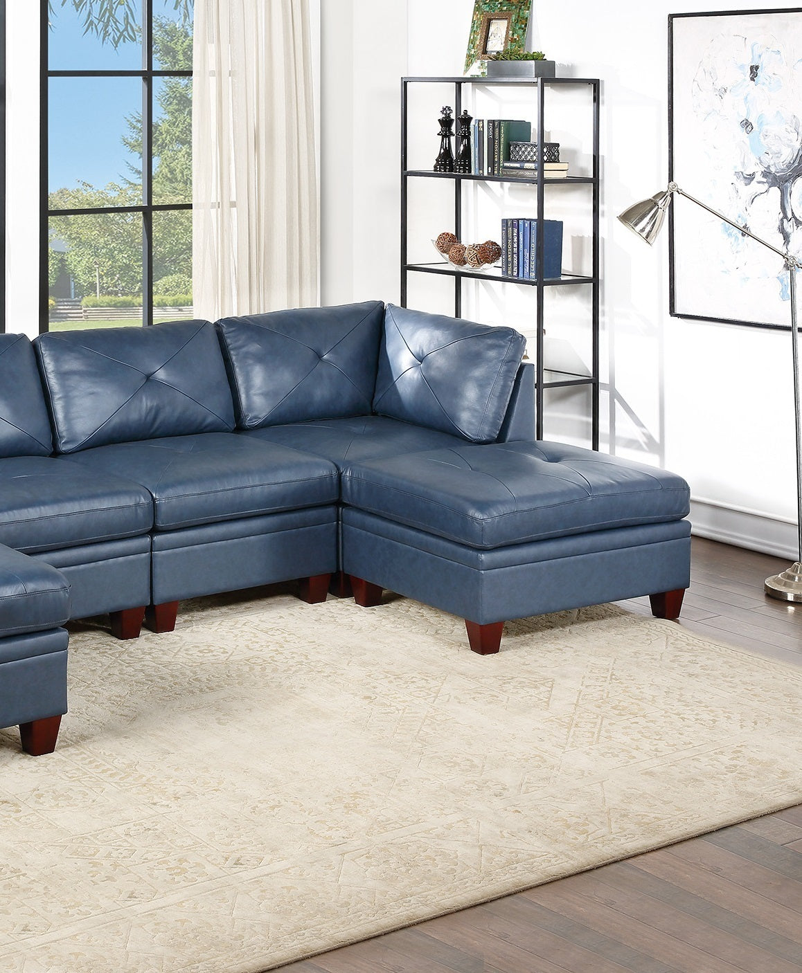 Luxurious Ink Blue Genuine Leather Modular 6pc Sectional Set