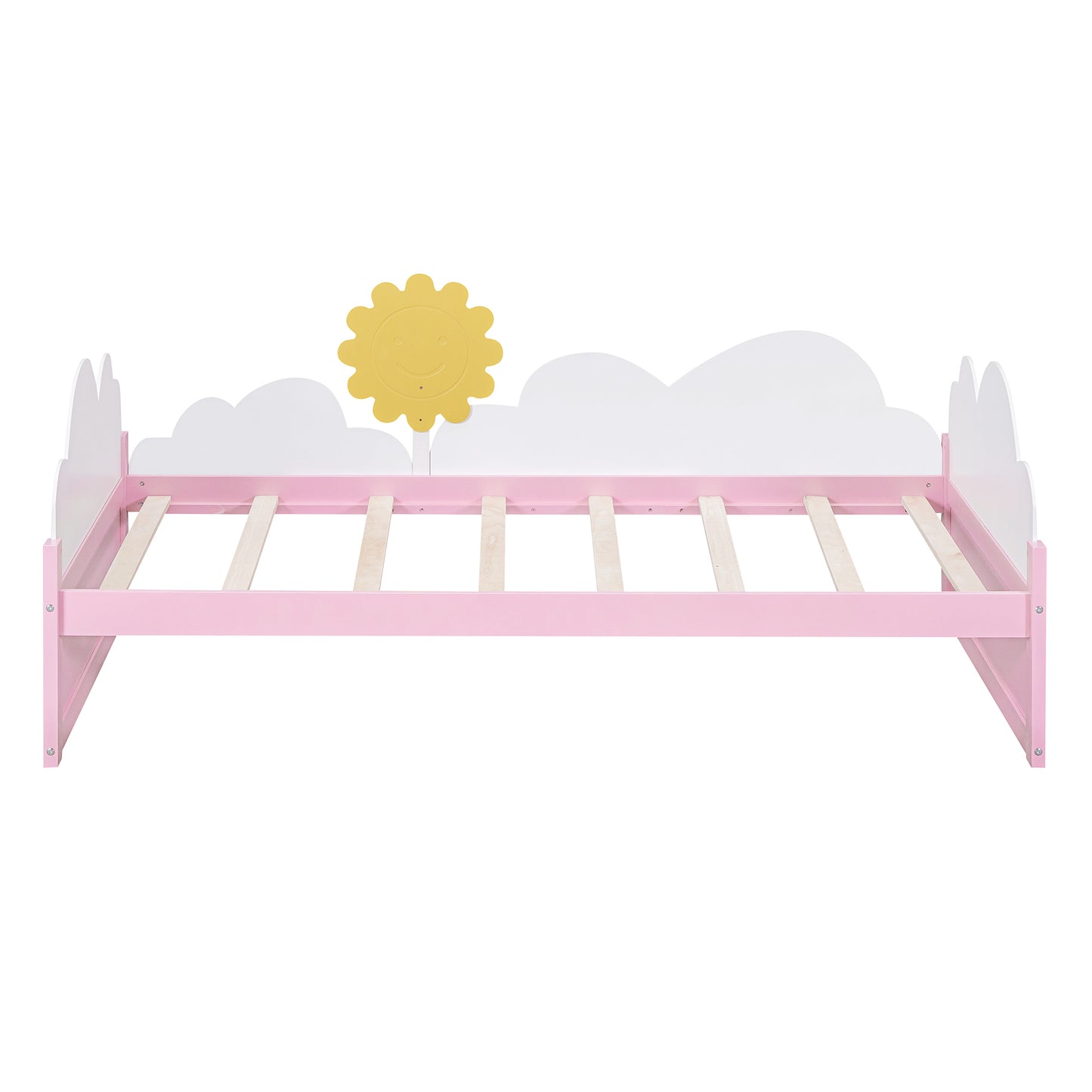 Twin Size Bed with Clouds and Sun Decor, Platform Bed with 2 Drawers (White+Pink)