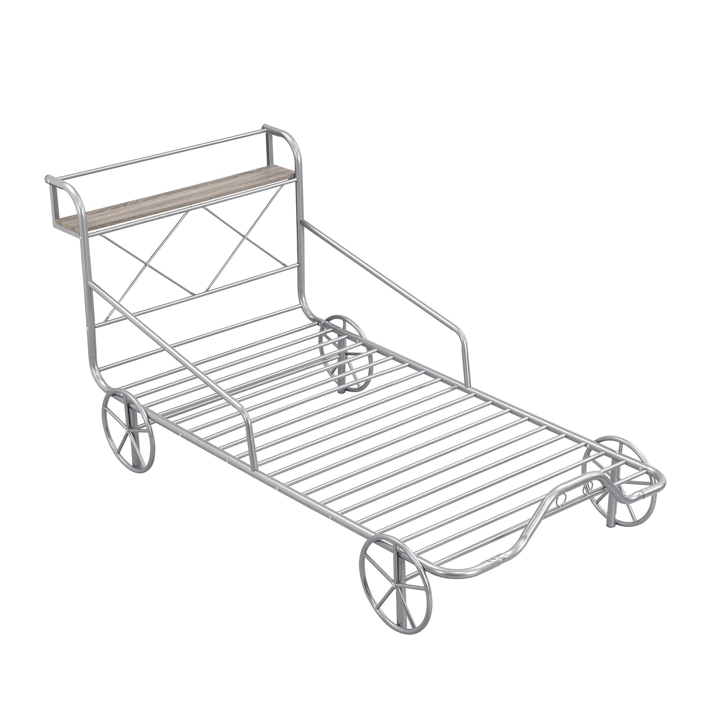 Twin Size Metal Car Bed with Four Wheels, Guardrails and  X-Shaped Frame Shelf, Silver(: MF297599AAN)