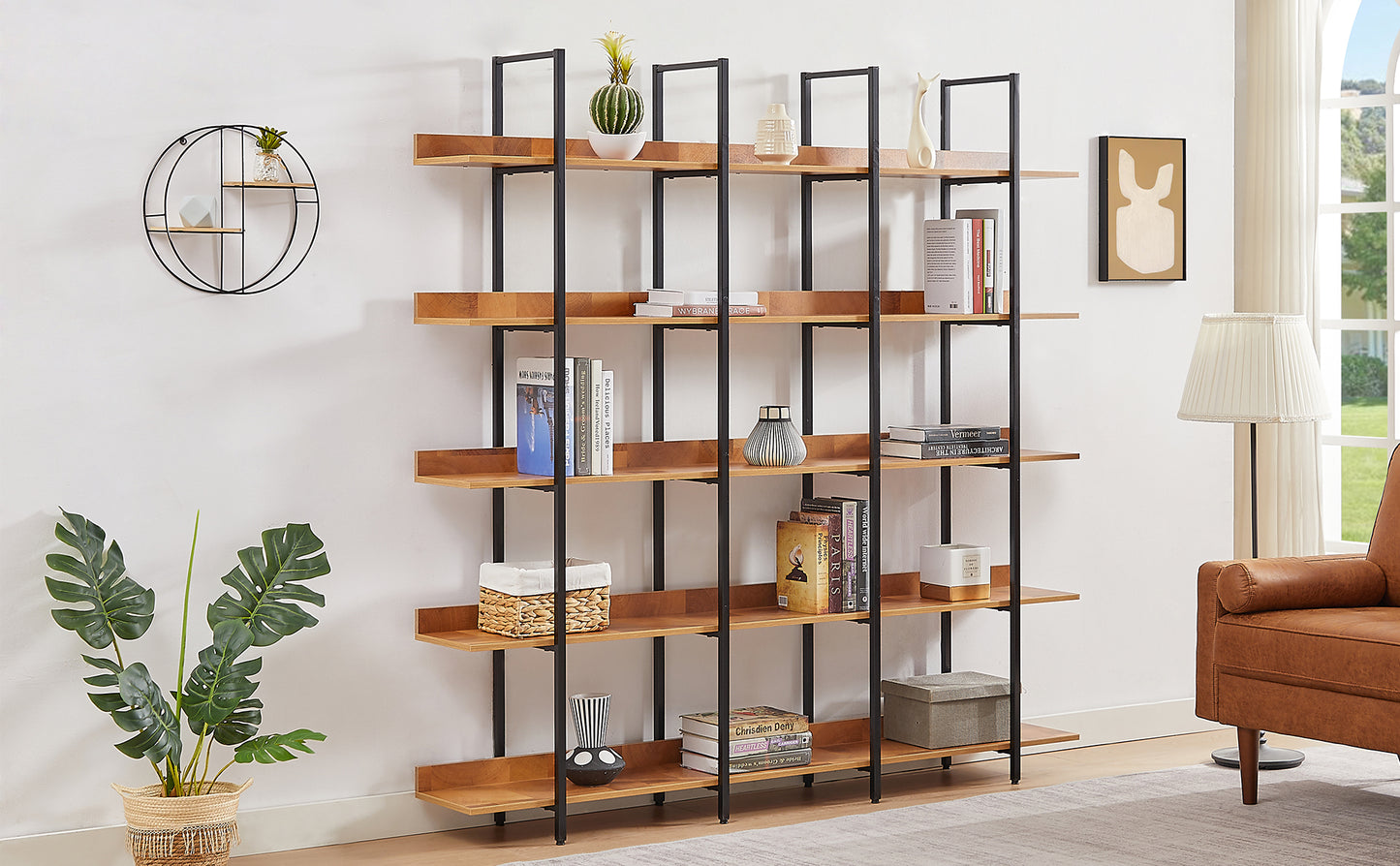 5 Tier Bookcase Home Office Open Bookshelf, Vintage Industrial Style Shelf, MDF Board, Black Metal Frame, Brown