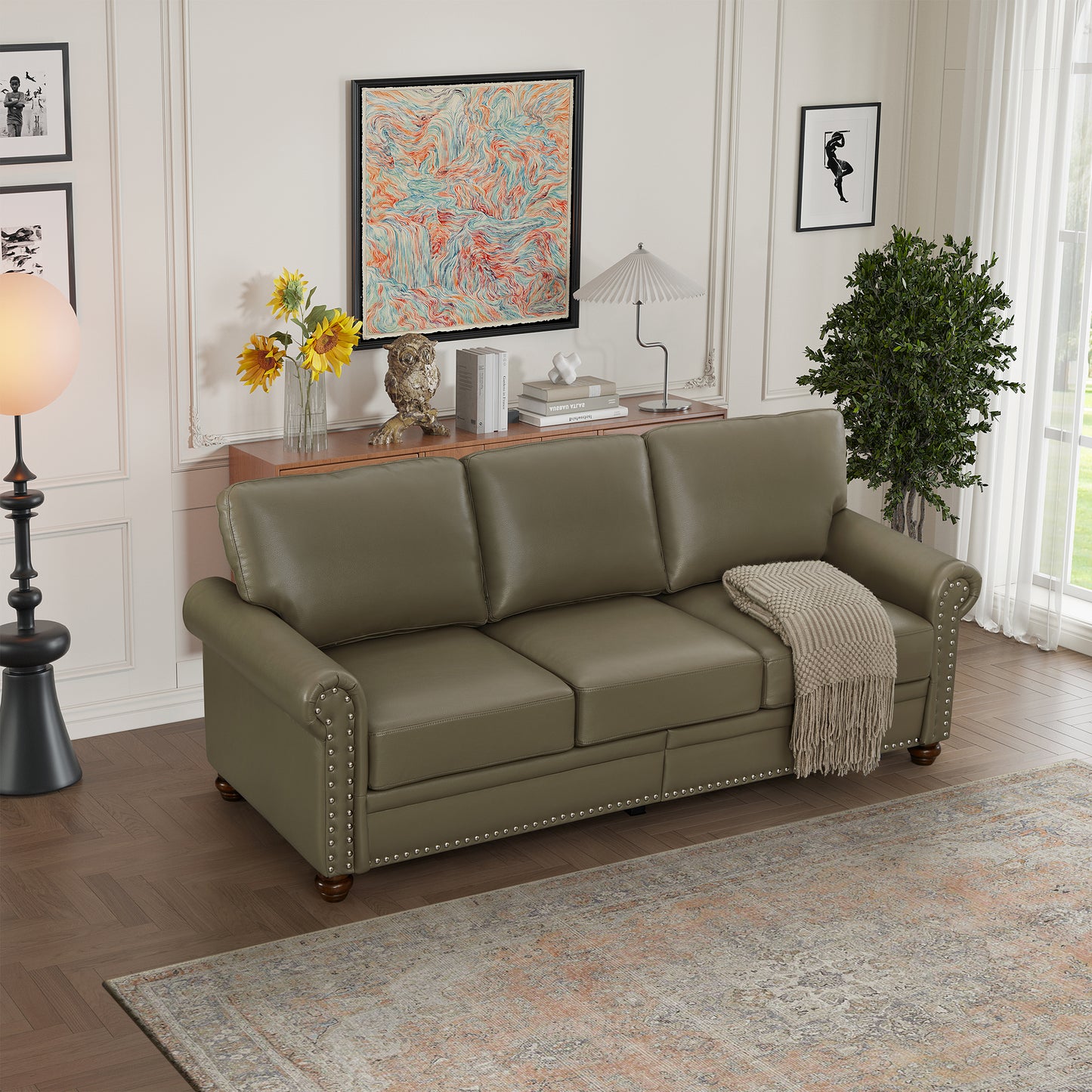 Classic Living Room Nails Sofa Taupe Faux Leather