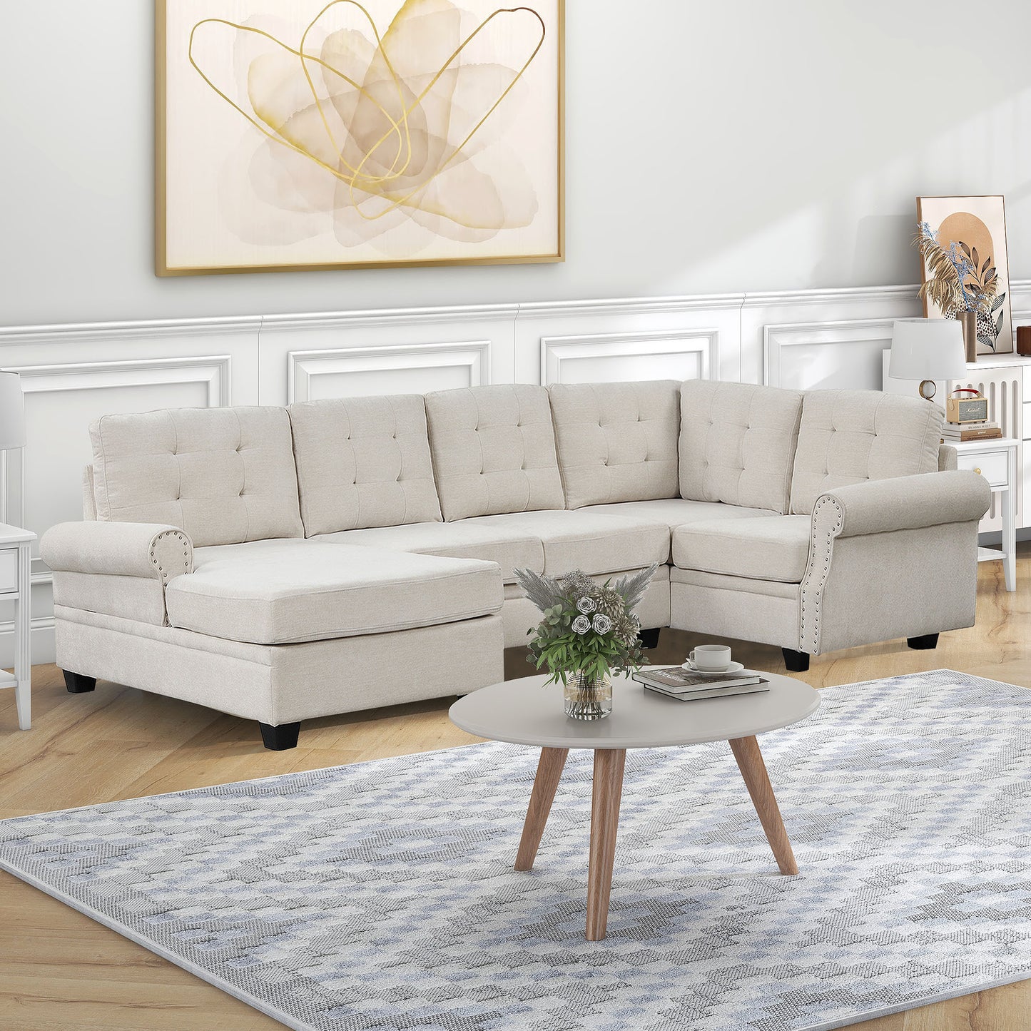 120-inch Stylish Beige U-Shaped Sectional Sofa for Living Room or Bedroom