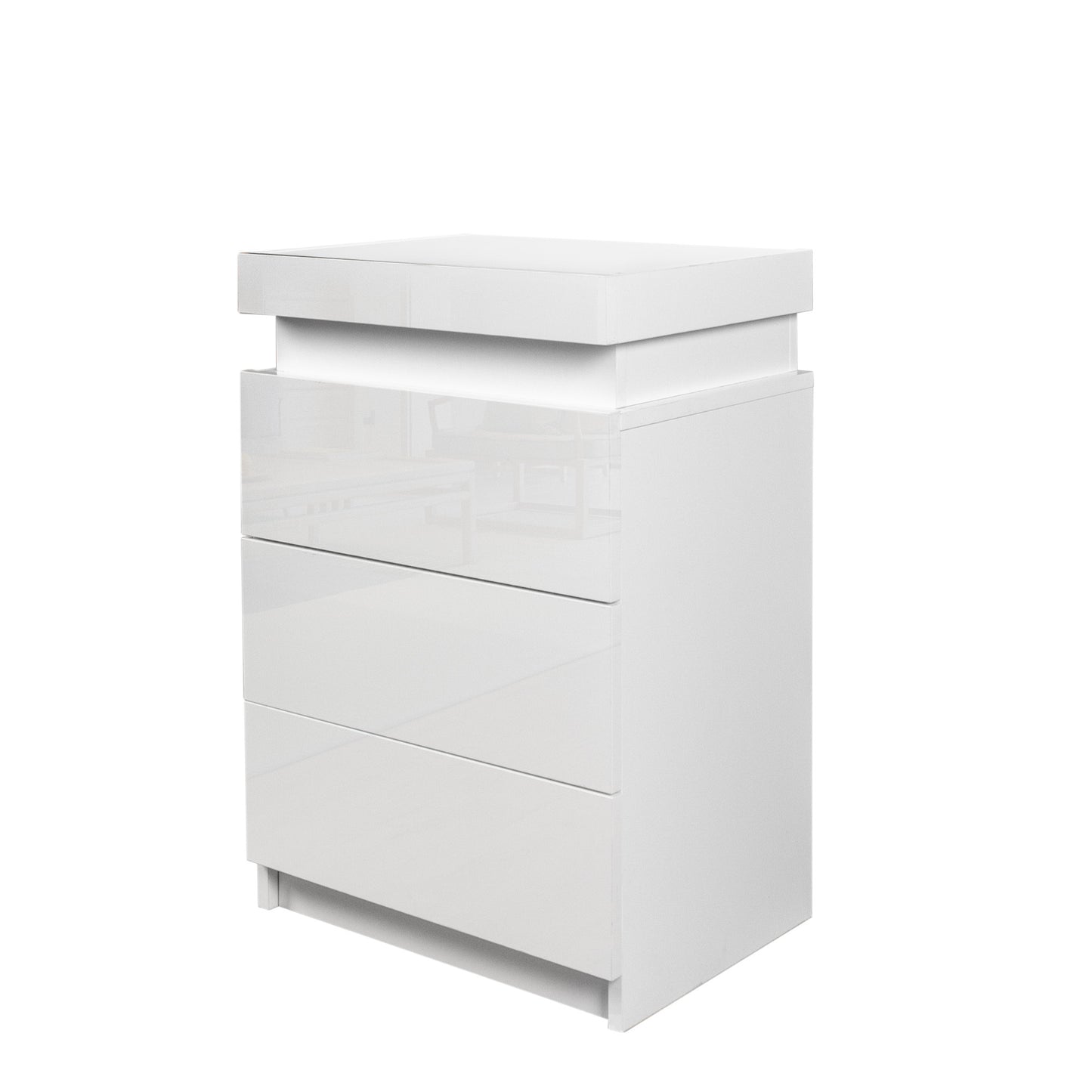 Sleek White High Gloss Nightstand with LED Lights and 3 Spacious Drawers