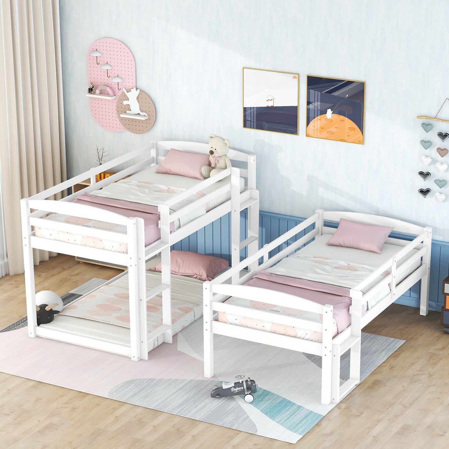 White Triple Bunk Bed with Three Twin Beds