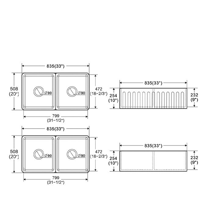 33-Inch Fireclay Double Basin Farmhouse Kitchen Sink with Grid and Strainer