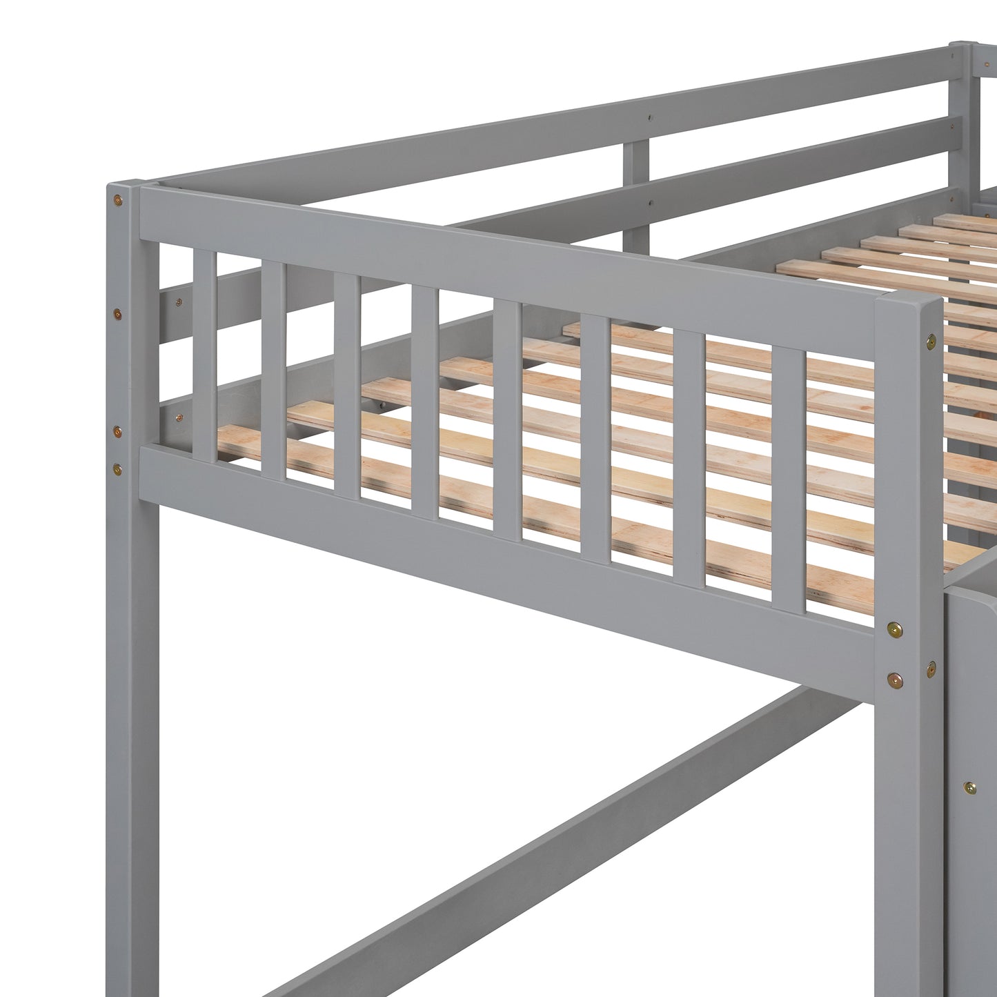 Space-Saving Gray Twin Bunk Bed with Storage and Built-in Shelves for Twin over Twin Configuration