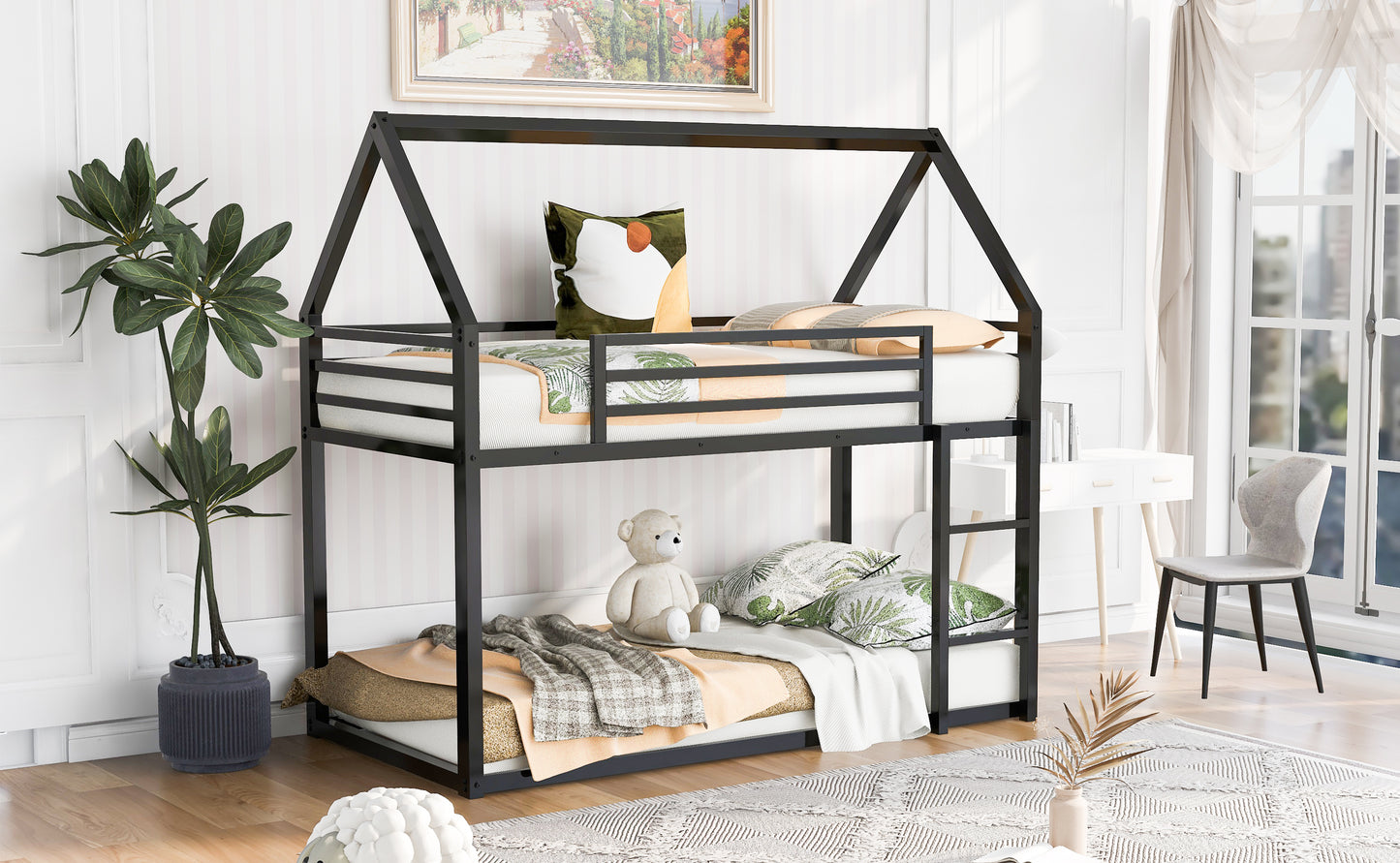 Whimsical Black Metal Twin over Twin Bunk Bed with Slide