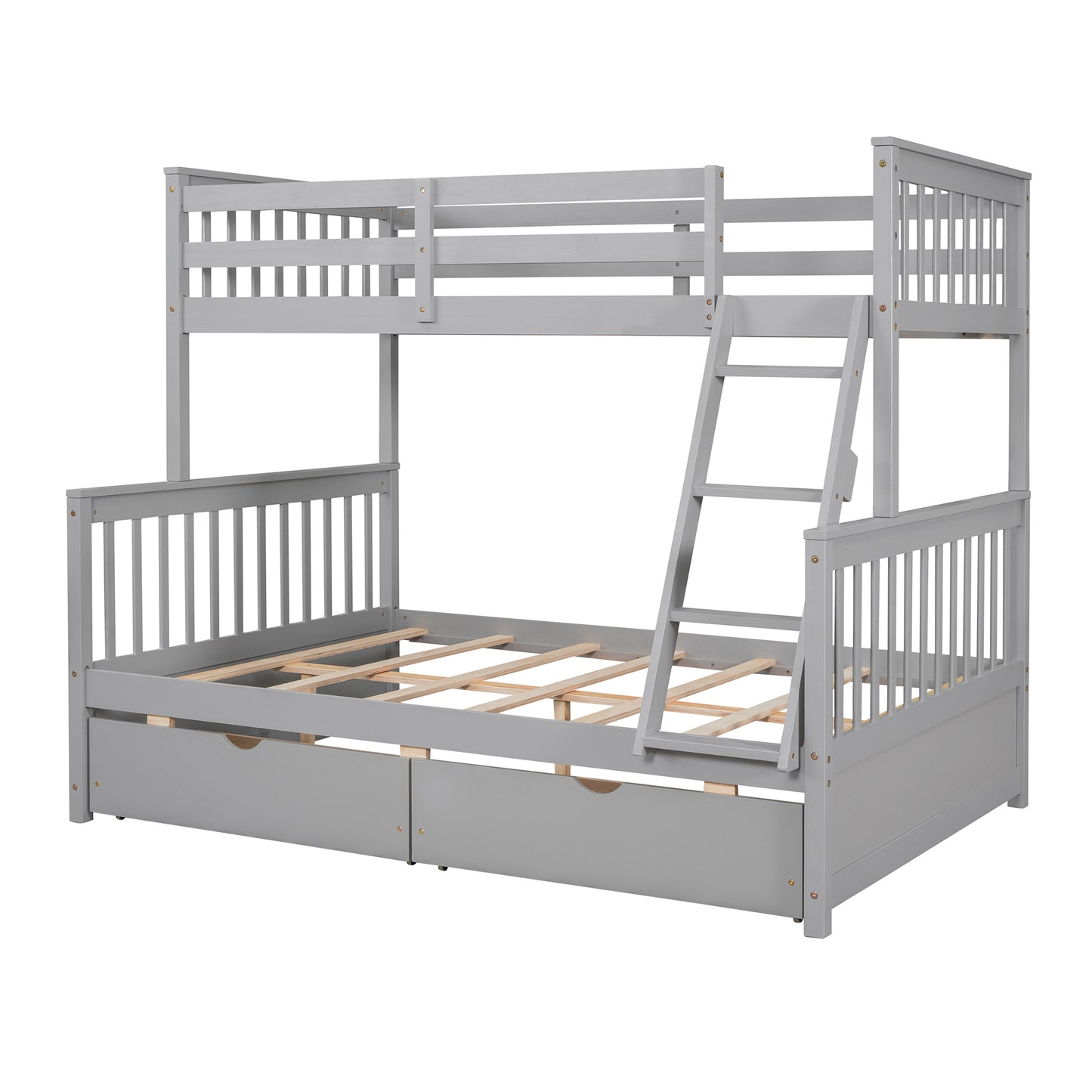 Gray Twin/Full Bunk Bed with Ladders and Storage Drawers