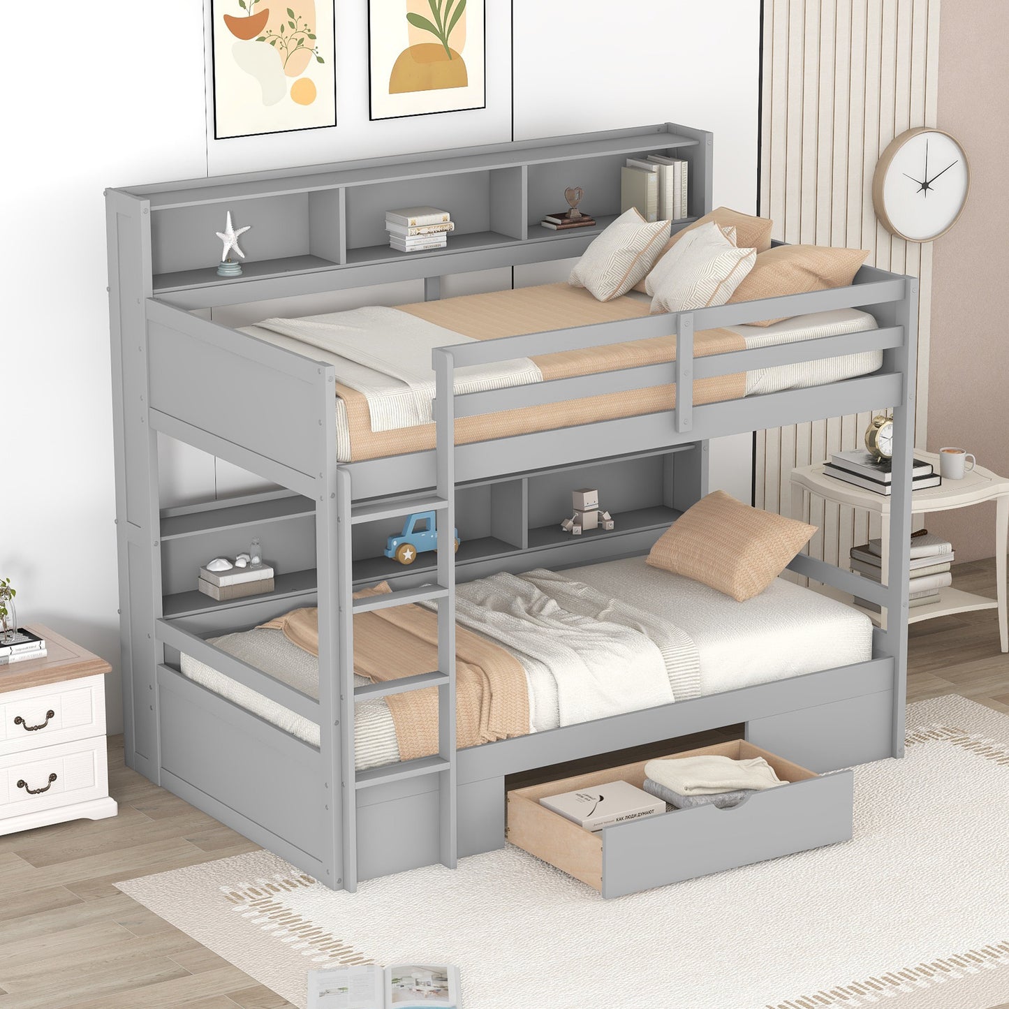 Twin Size Gray Bunk Bed with Storage Drawer and Built-in Shelves