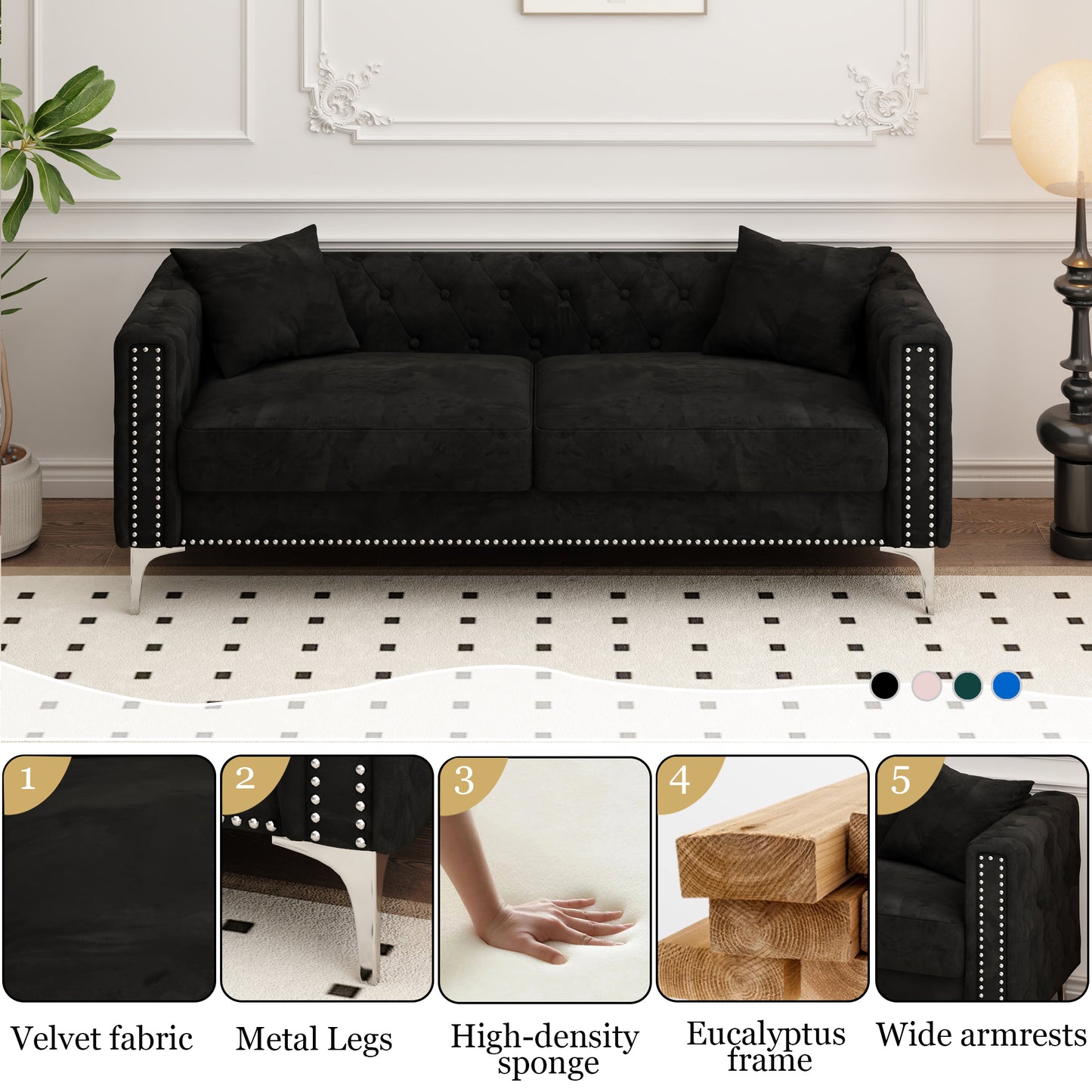 Sofa includes 2 pillows, 83 "black velvet triple sofa, suitable for large and small Spaces