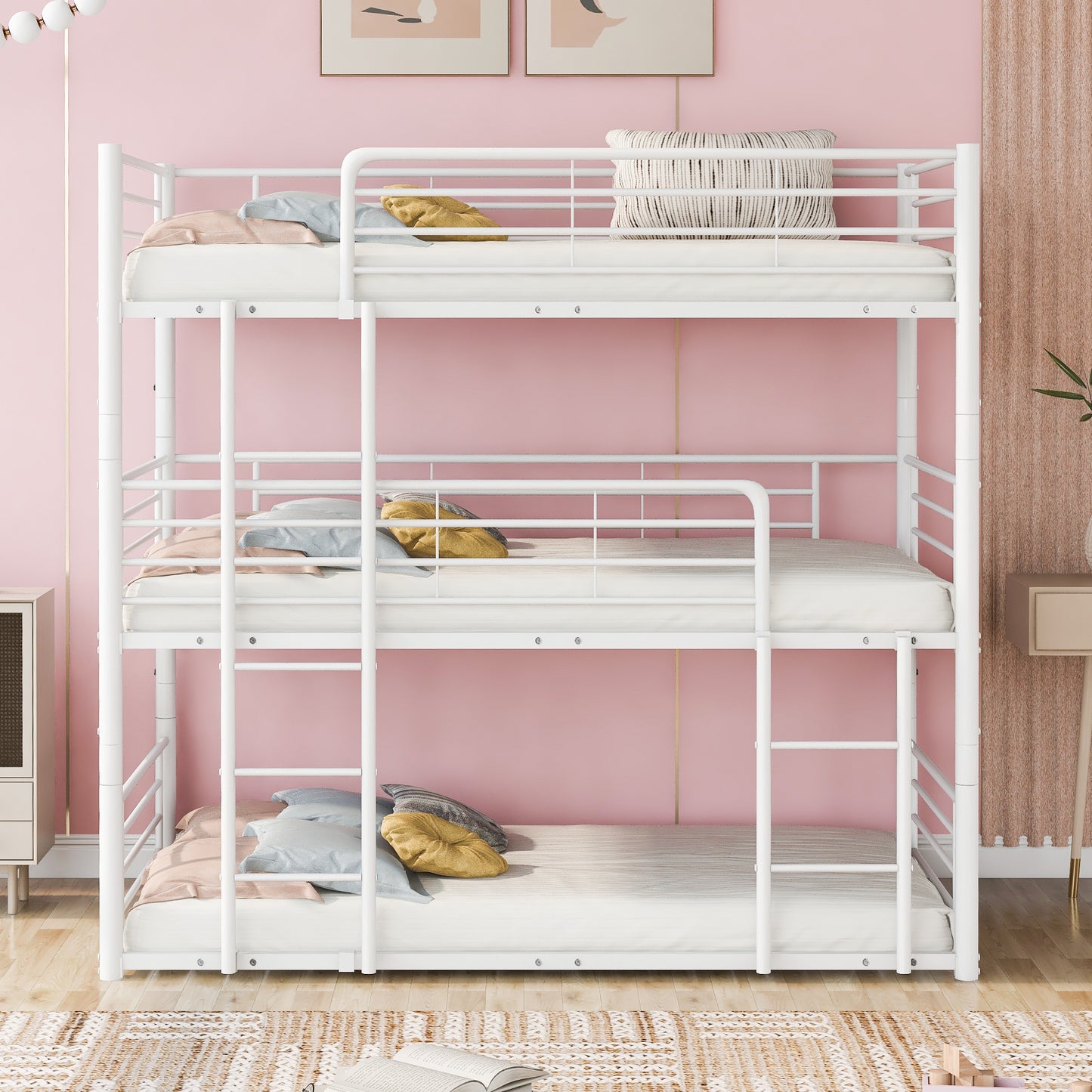 Twin-Twin-Twin Triple Bed with Built-in Ladder, Divided into Three Separate Beds,White(OLD SKU:LP000197AAK)