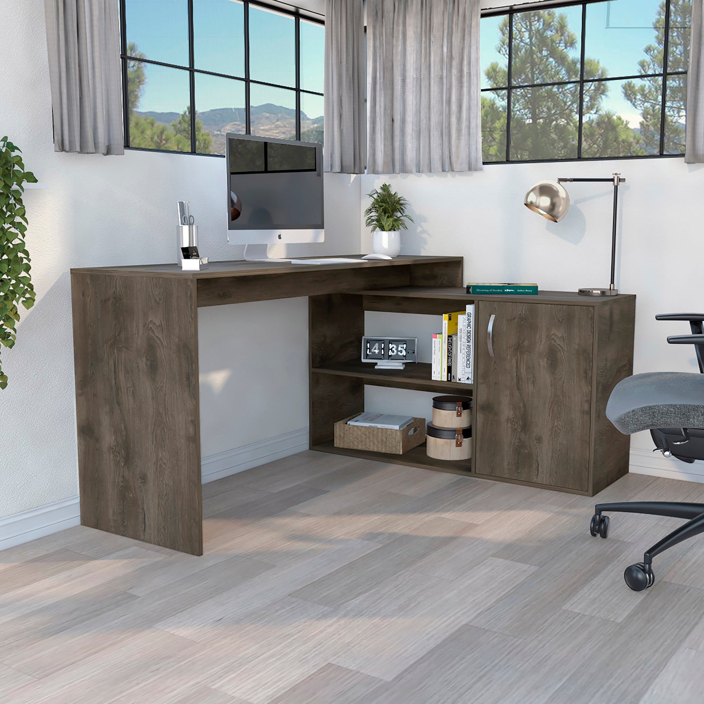 L-Shaped Dark Brown Office Desk with Storage Cabinet and Shelves