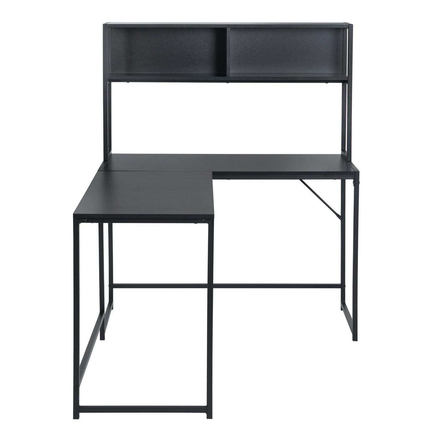 Spacious Industrial L-Shaped Desk with Hutch and Storage Shelves for Gaming