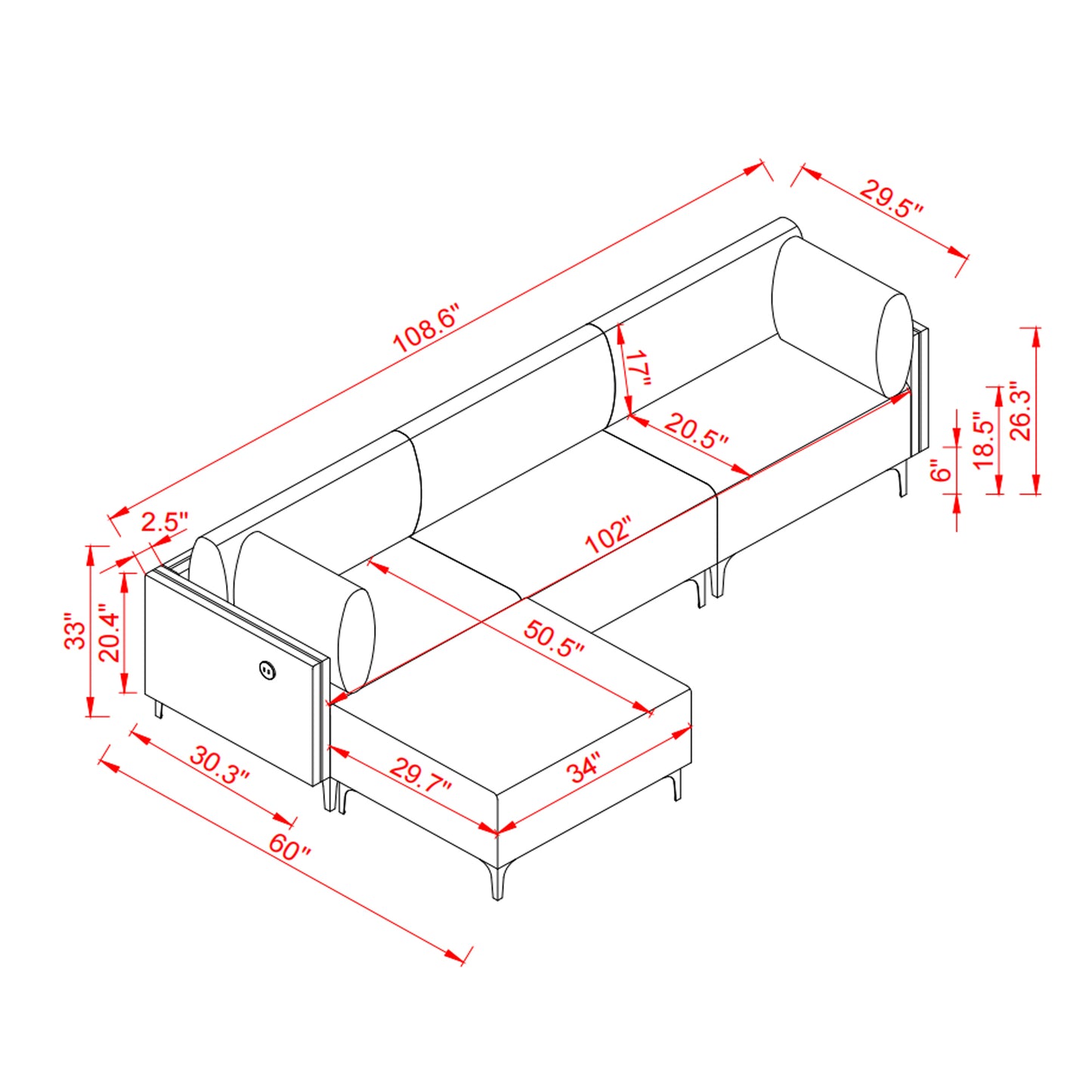 L Shape Sectional Sofa with USB Grey Fabric