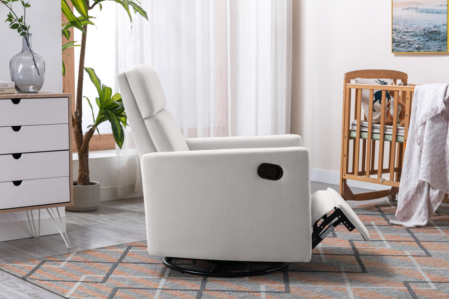 Swivel Reclining Nursery Chair with Modern Beige Upholstery