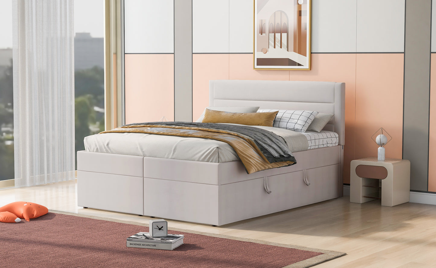 Queen Size Upholstered Platform Bed with Storage Underneath, Beige