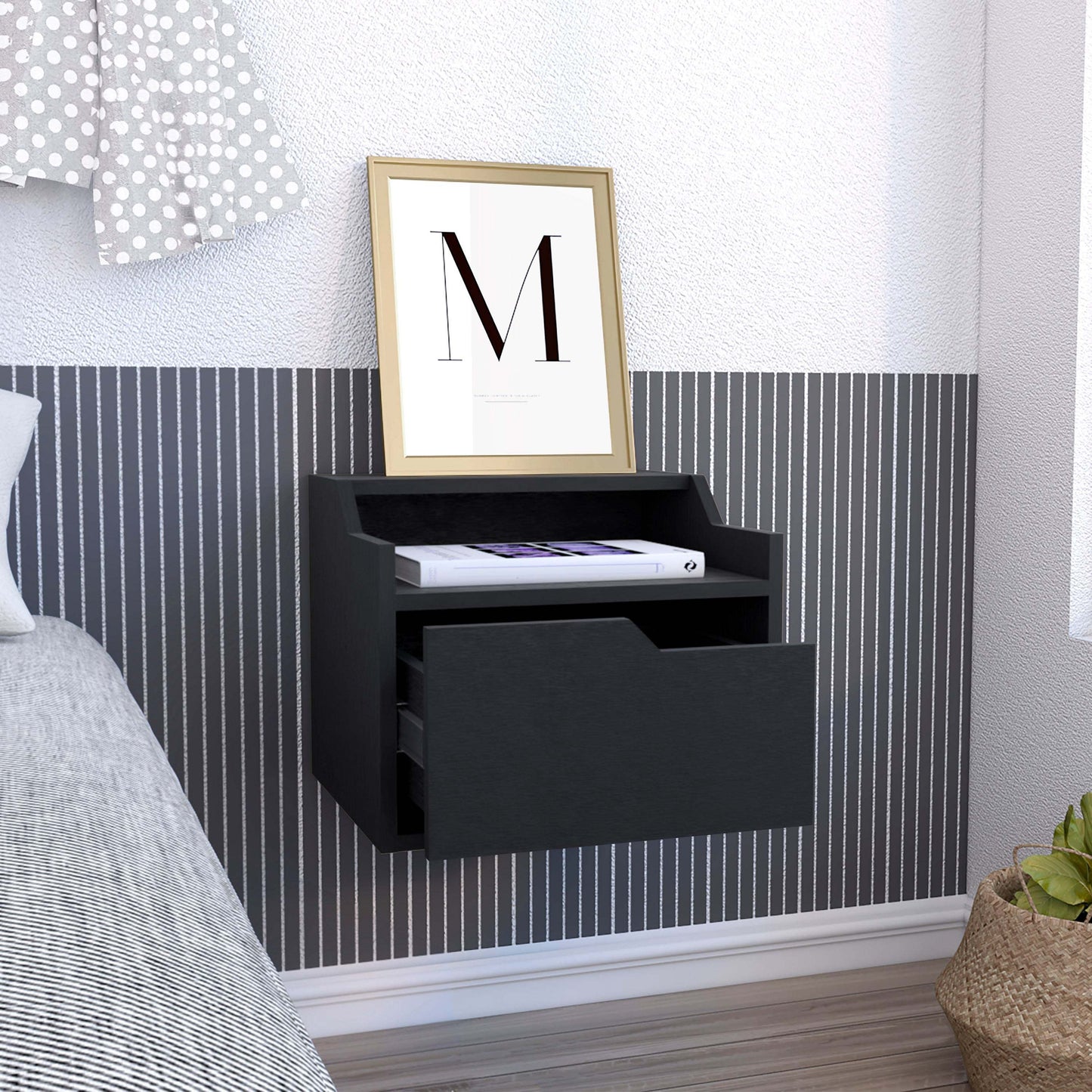 Busan Modern Floating Nightstand, Single-Drawer Design with Sleek Two-Tiered Top Shelf Surfaces- Black - Bedroom