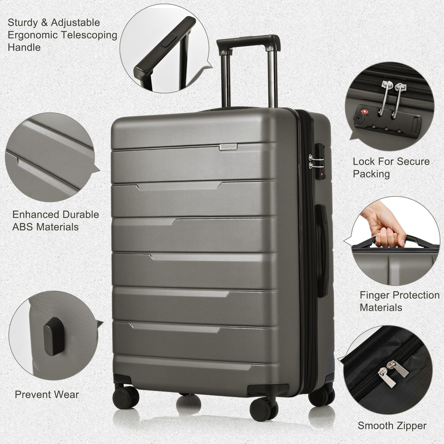 Luggage Sets 3 Piece Suitcase Set 20/24/28,Carry on Luggage Airline Approved,Hard Case with Spinner Wheels,Gray