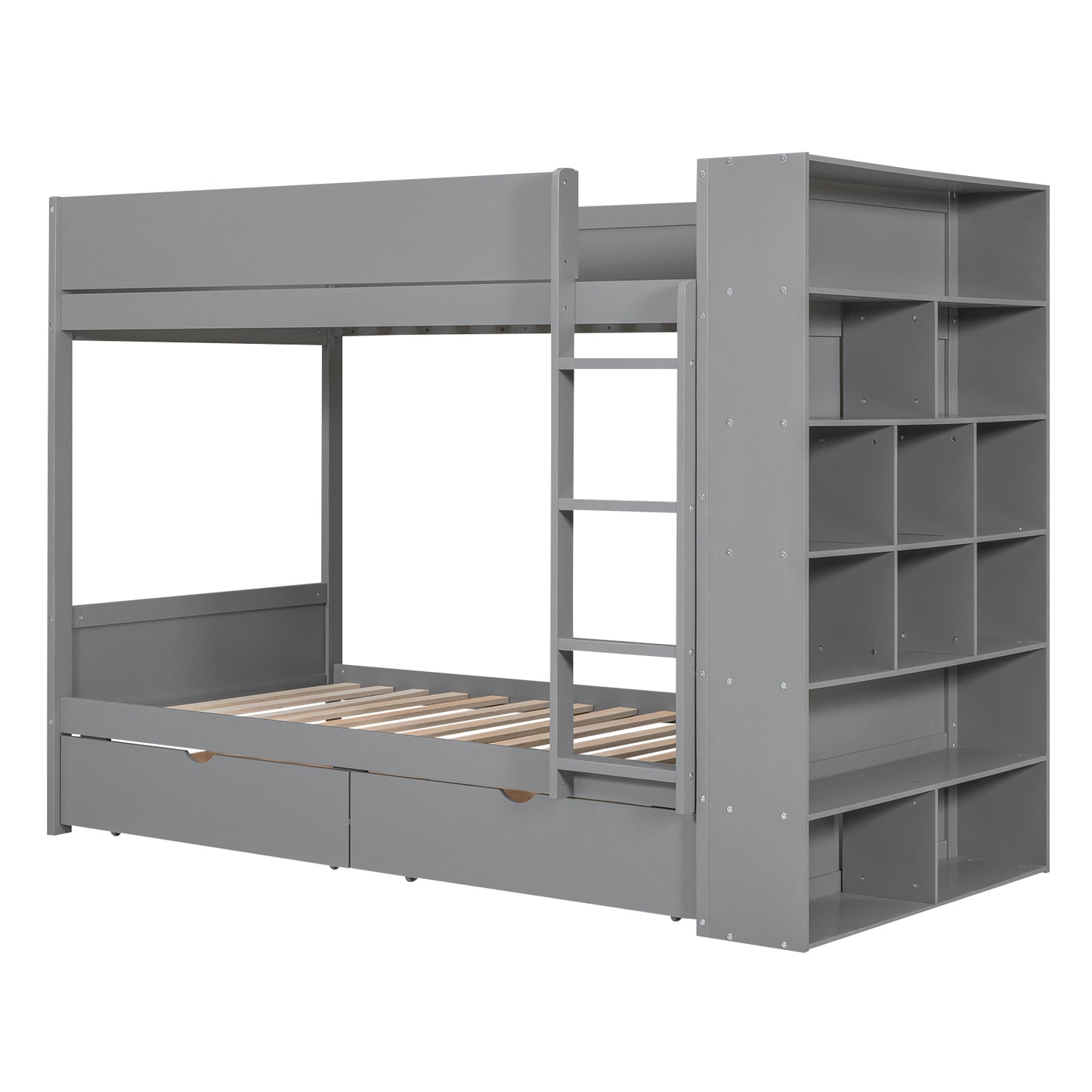 Versatile Gray Twin Bunk Bed with Storage Drawers and Multi-Layer Cabinet