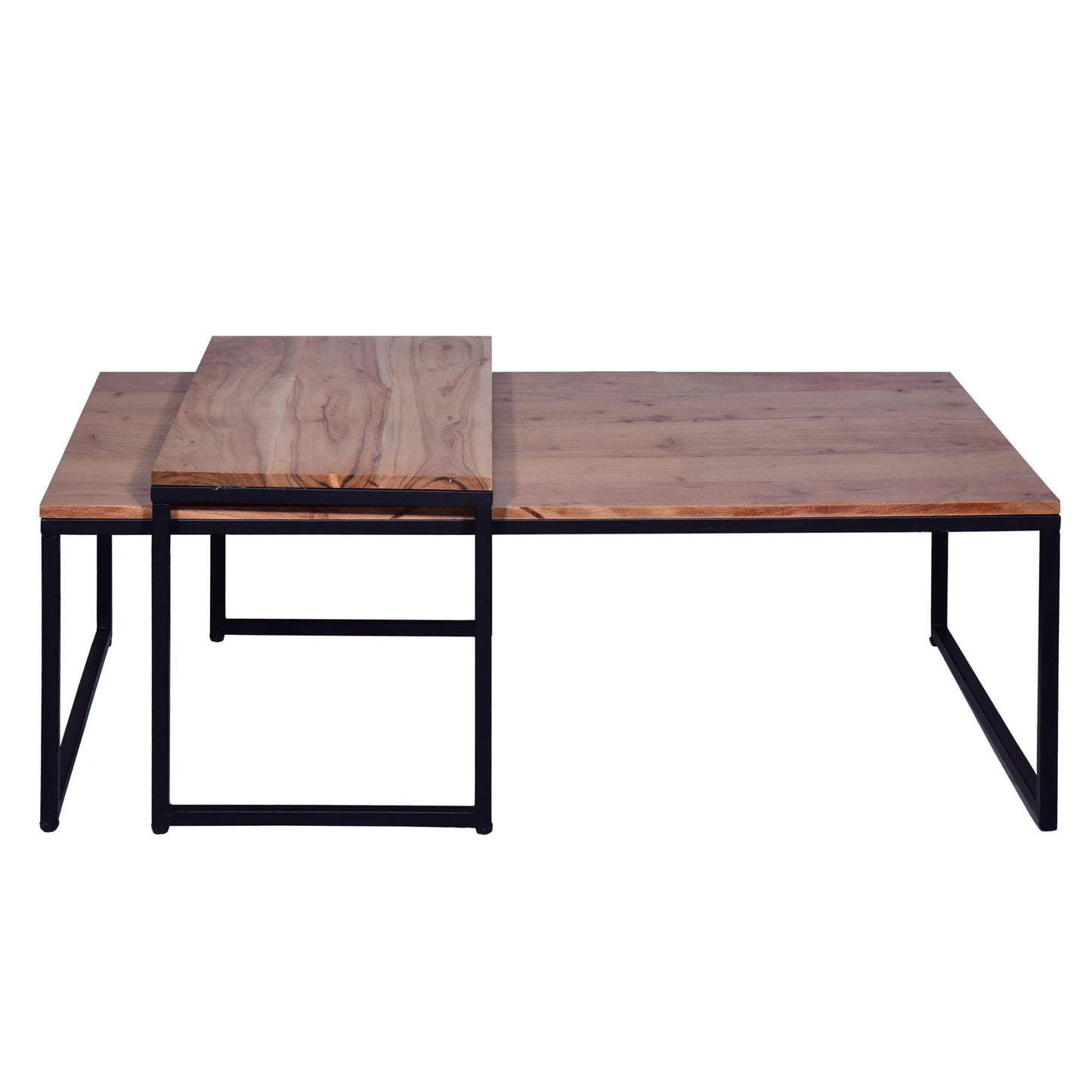 Brown and Black 2-Piece Rectangular Wood Nesting Coffee and End Table Set with Sled Metal Base