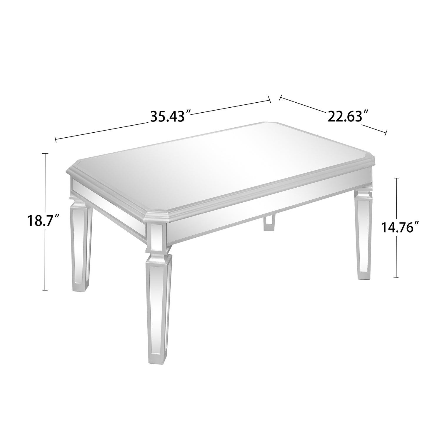 Contemporary Silver Glass Mirrored Coffee Table with Adjustable Legs