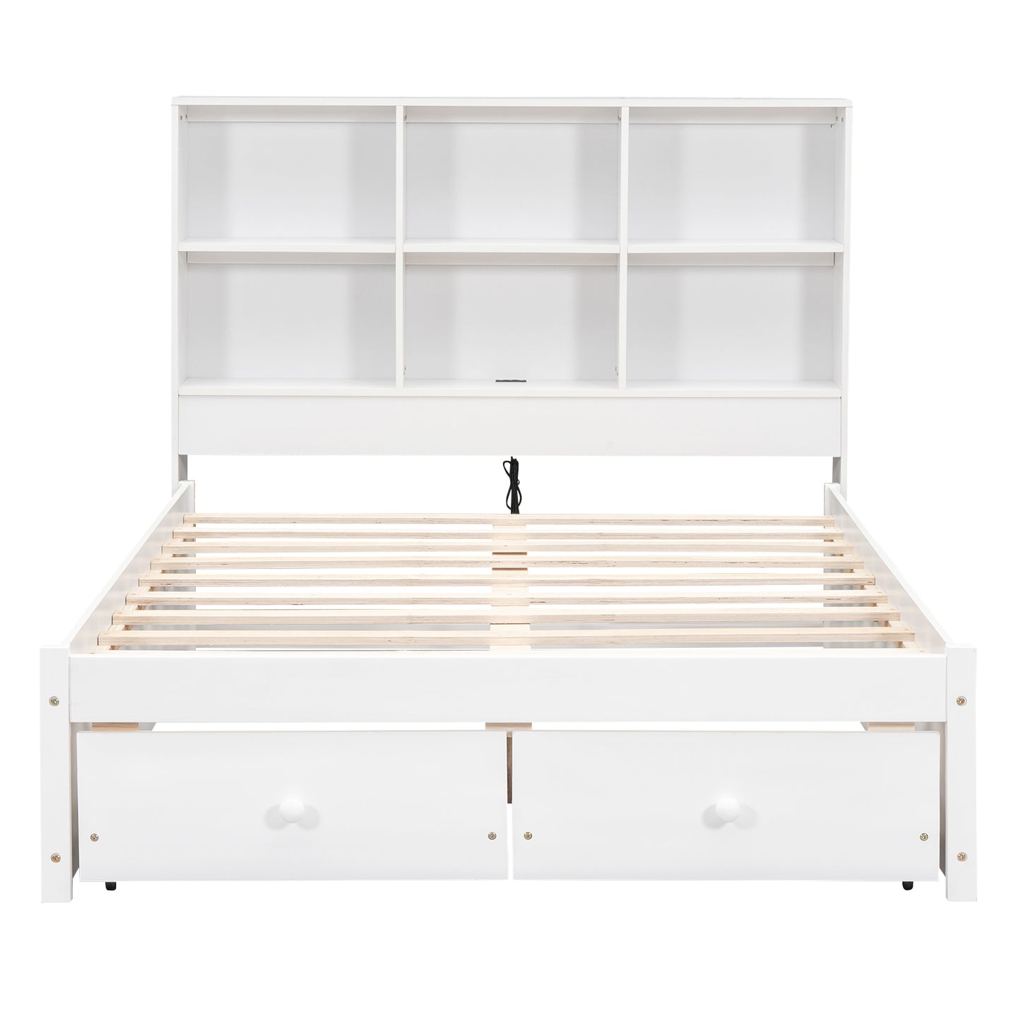 Full Size Platform Bed with Storage Headboard, Charging Station and 2 Drawers, White