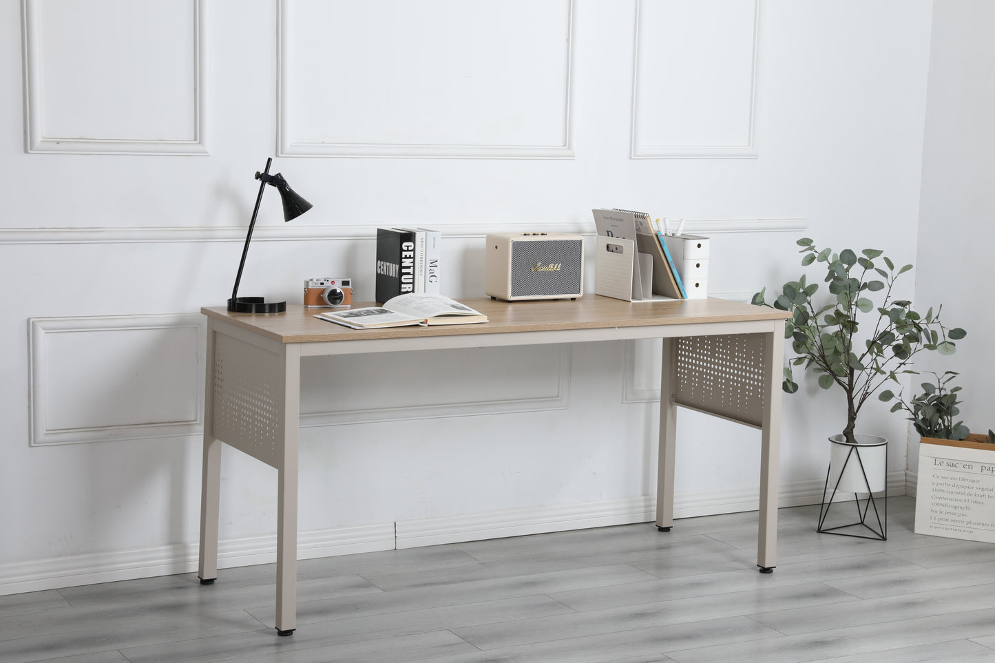 Beige Home Office Desk Workstation with Unique Metal Decorative Panel