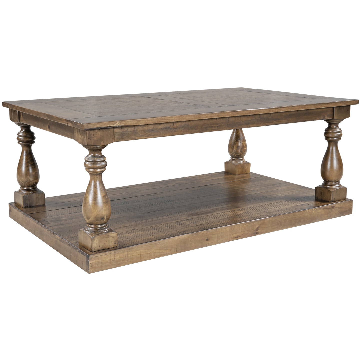 Rustic Pine Wood Coffee Table with Lower Storage Shelf and Carved Pillar Details