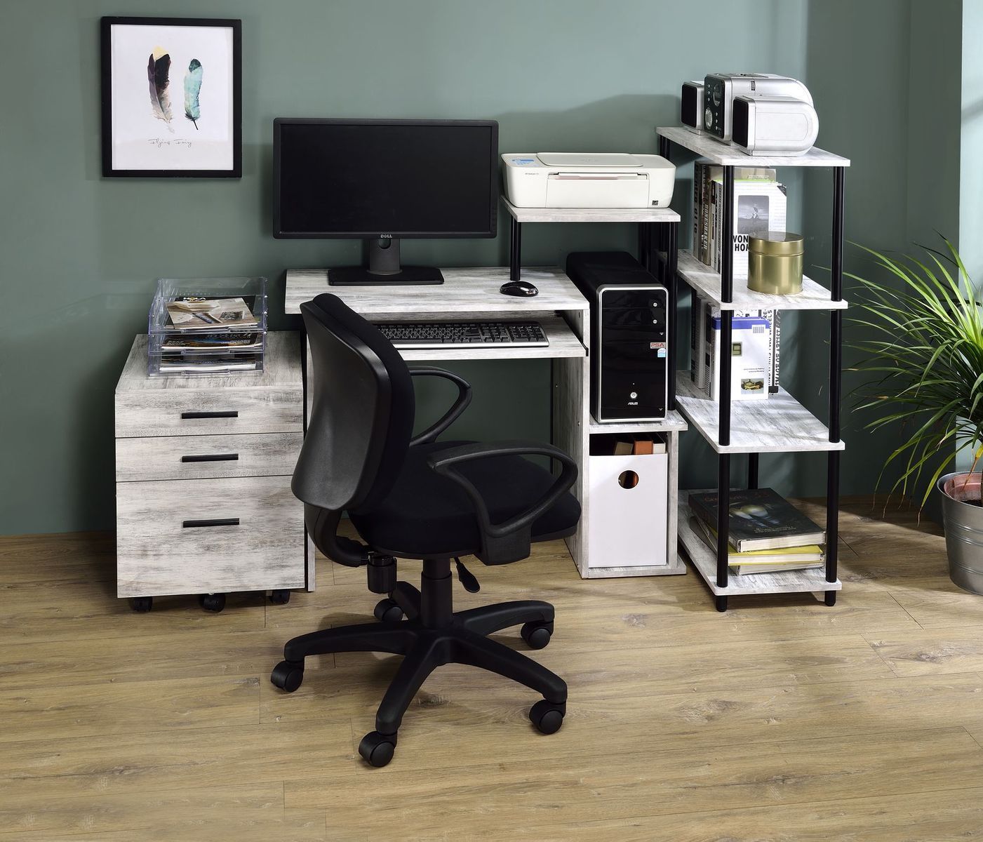 Rustic Wood and Metal Computer Desk with Antique White and Black Finish