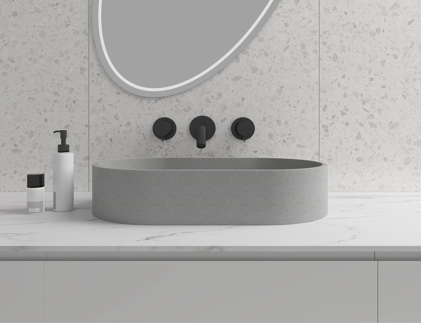 Double Oval Concrete Vessel Bathroom Sink Handmade Concreto Stone Basin Counter Freestanding  Bathroom Vessel  Sink in Grey without  Faucet and Drain