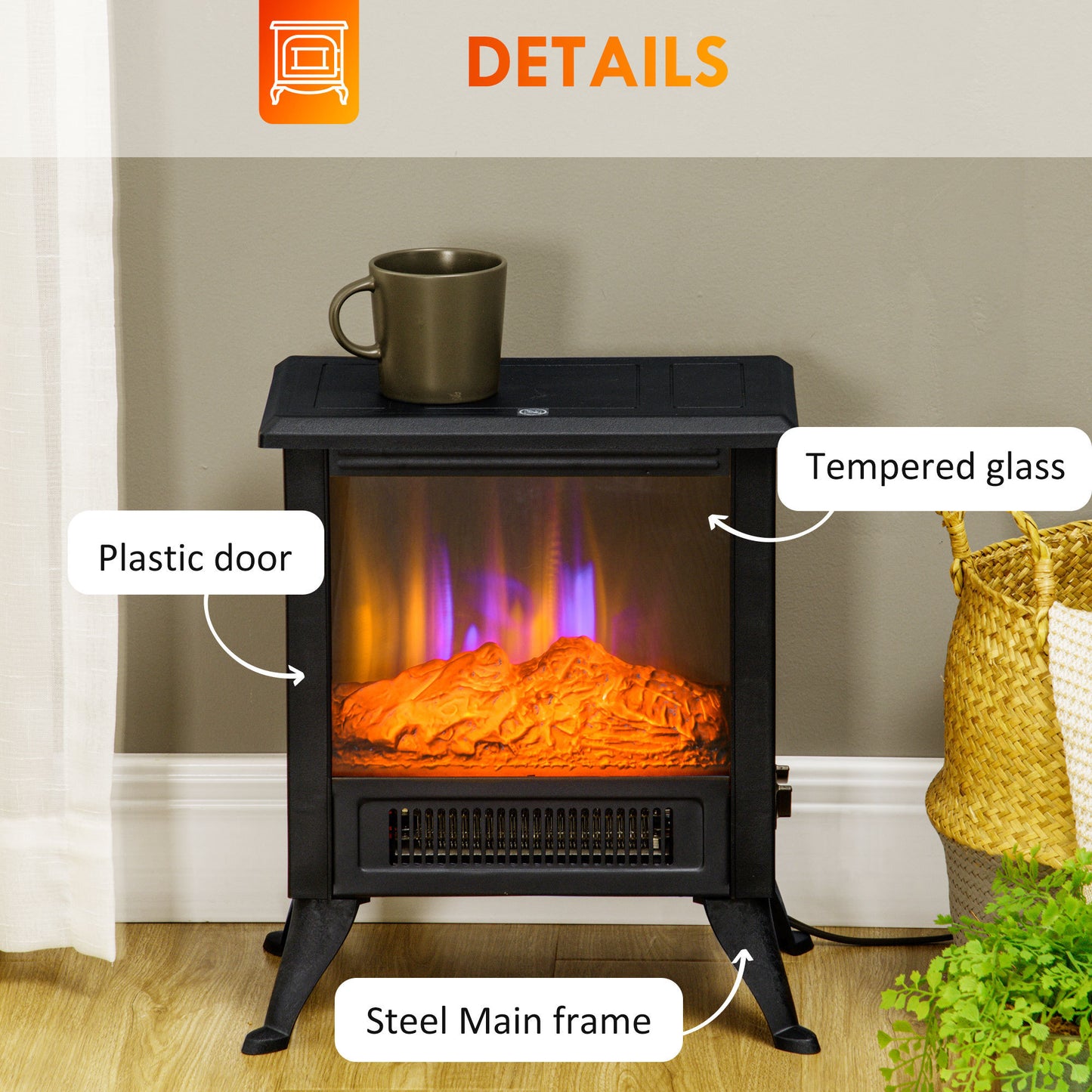 Electric Fireplace Stove with Realistic LED Flame & Adjustable Heating Modes