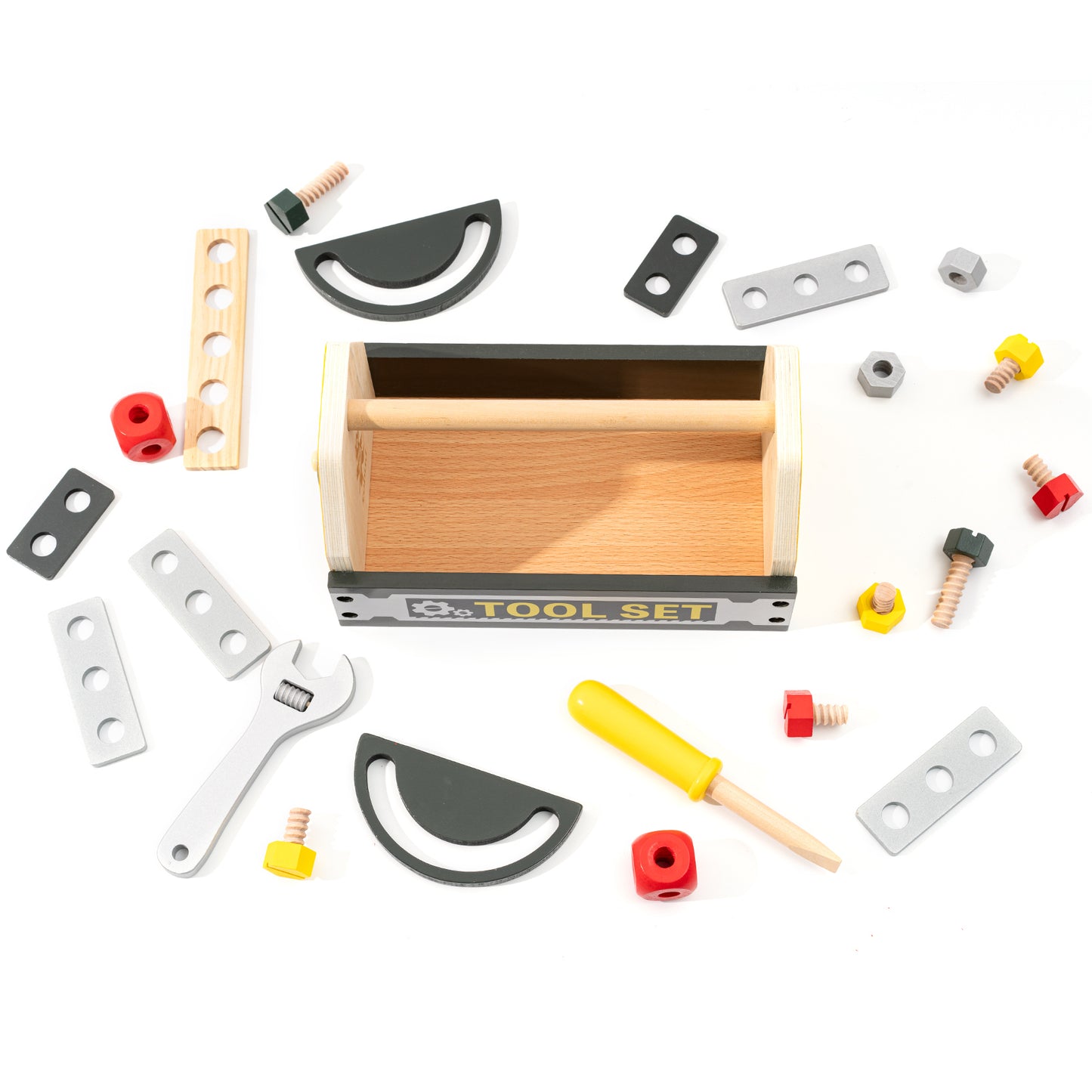 Kids Wooden Toy Toolbox with Building Blocks and Play Tools