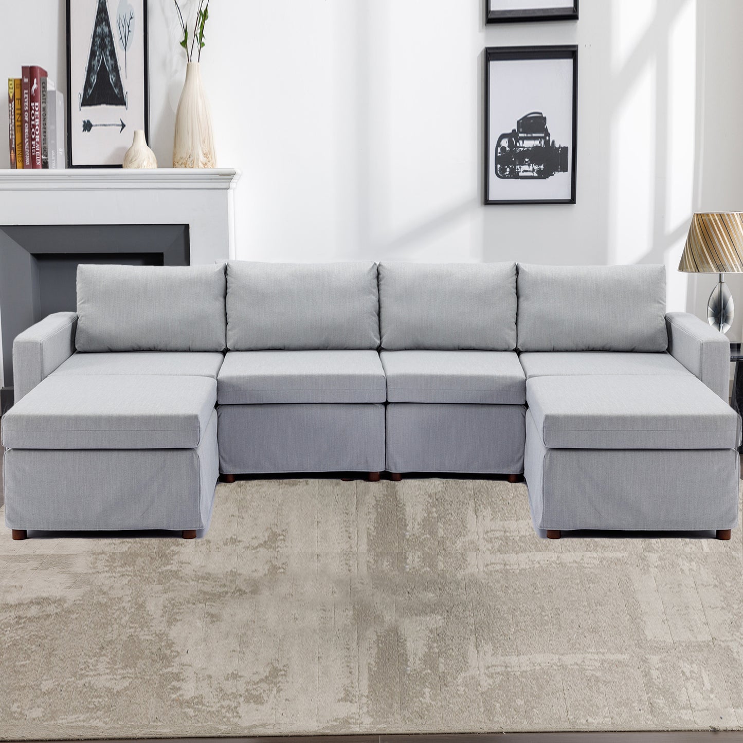 4-Seat Modular Sectional Sofa Set with 2 Ottoman, Washable Seat and Back Cushions, Light Grey